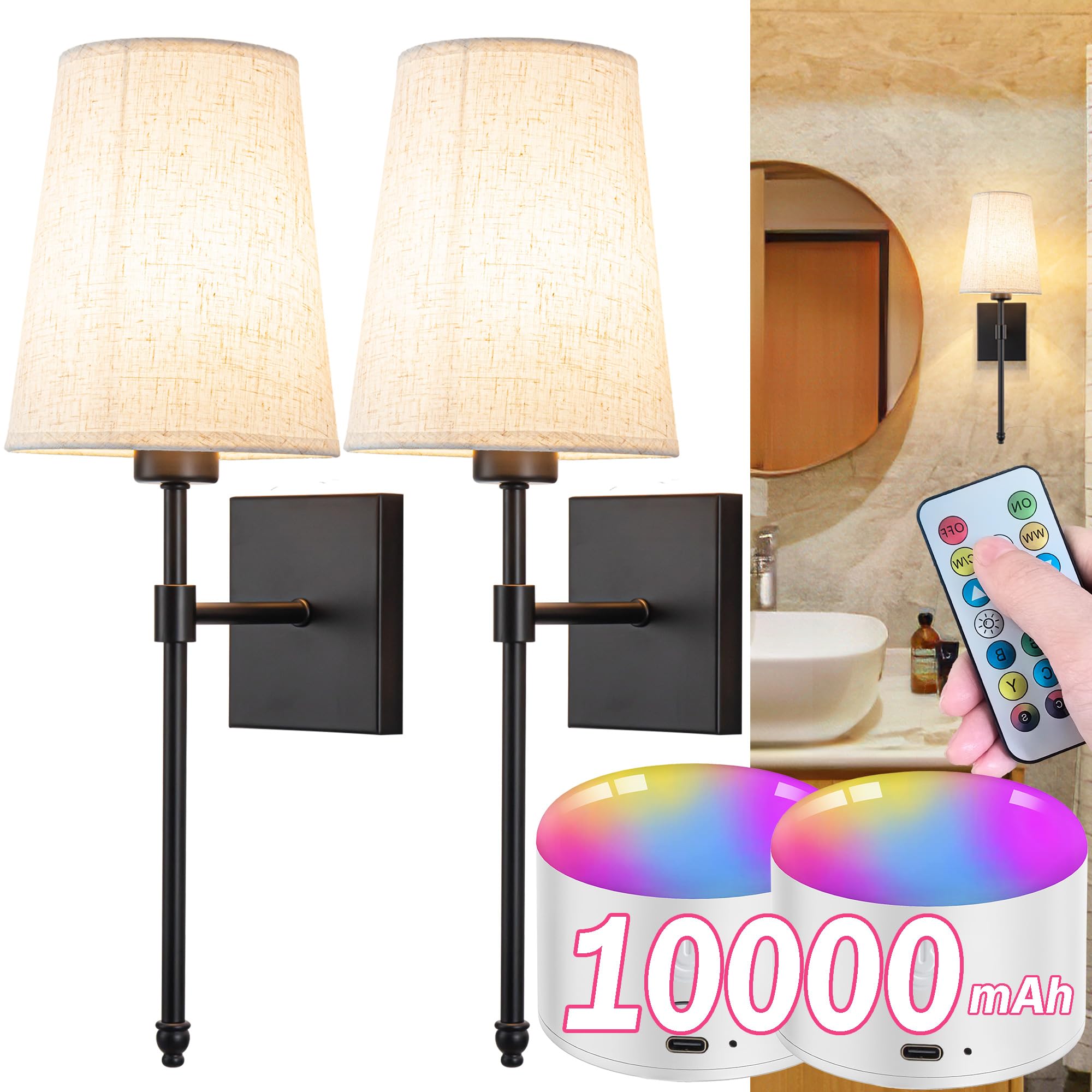 Battery Operated Wall Sconce Light Set Of Two, Battery Operated Sconces Wall Lighting Indoor Wireless Wall Sconce With Remote Control, Dimmable Battery Wall Lamp With 3Cct Bulb For Bedroom Living Room