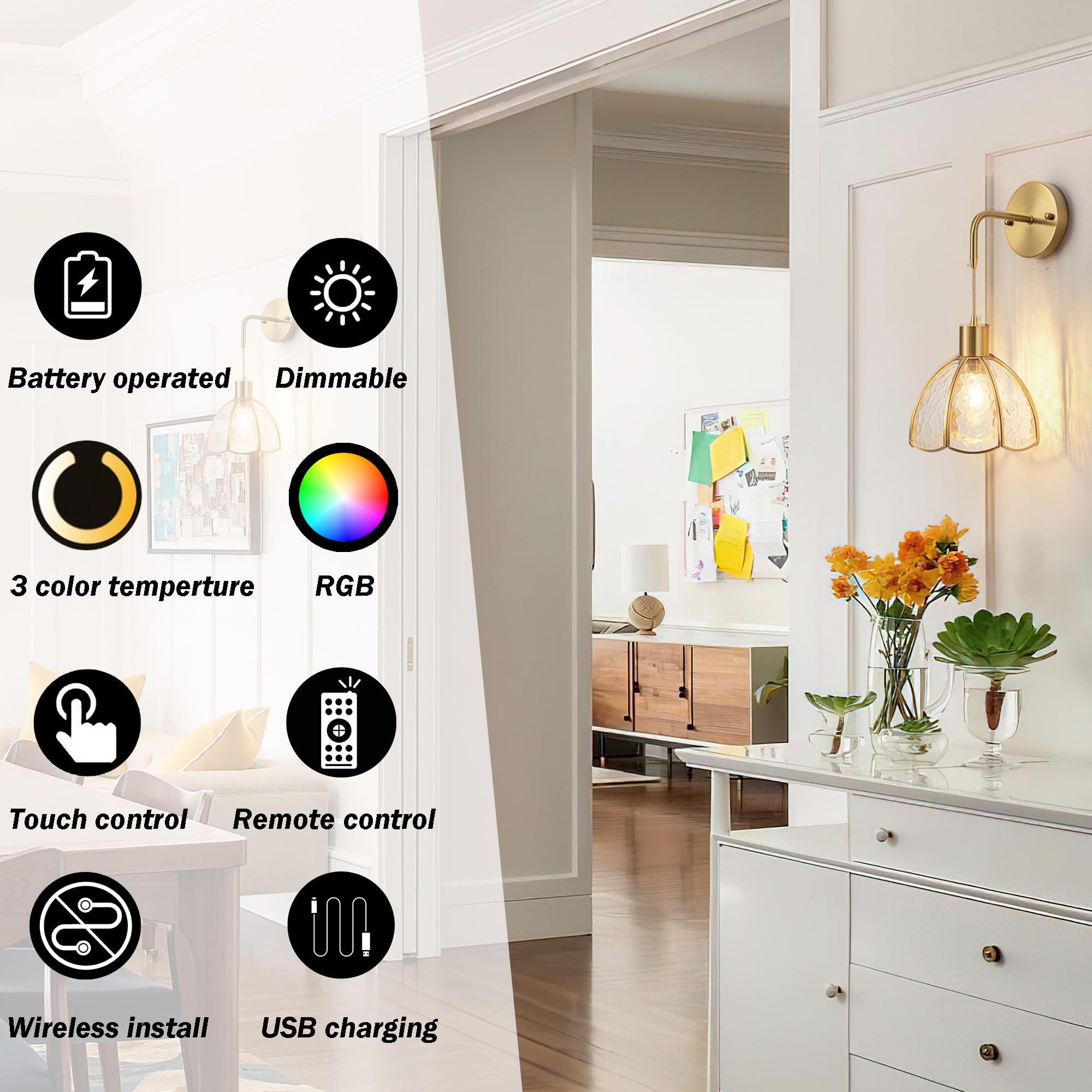 Vimhou Battery Operated Wall Sconces Set Of 2, Rgb Color Changing, Remote Control, Dimmable