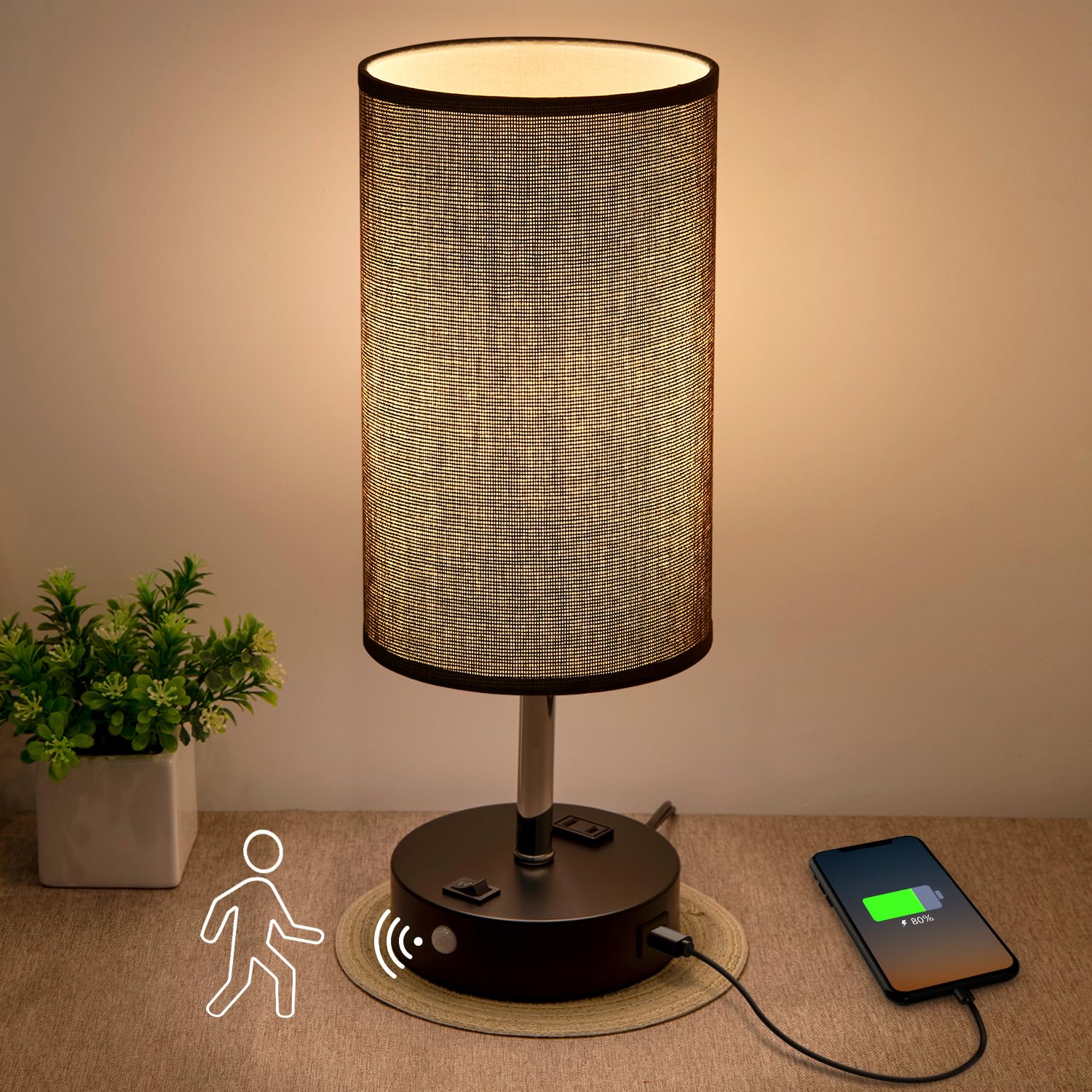 lifeholder Motion Sensor Lamp, USB Lamp Include Warm White Bulb, Fabric Shade Lamp Built in USB Port & AC Outlet, Bedside Lamp I