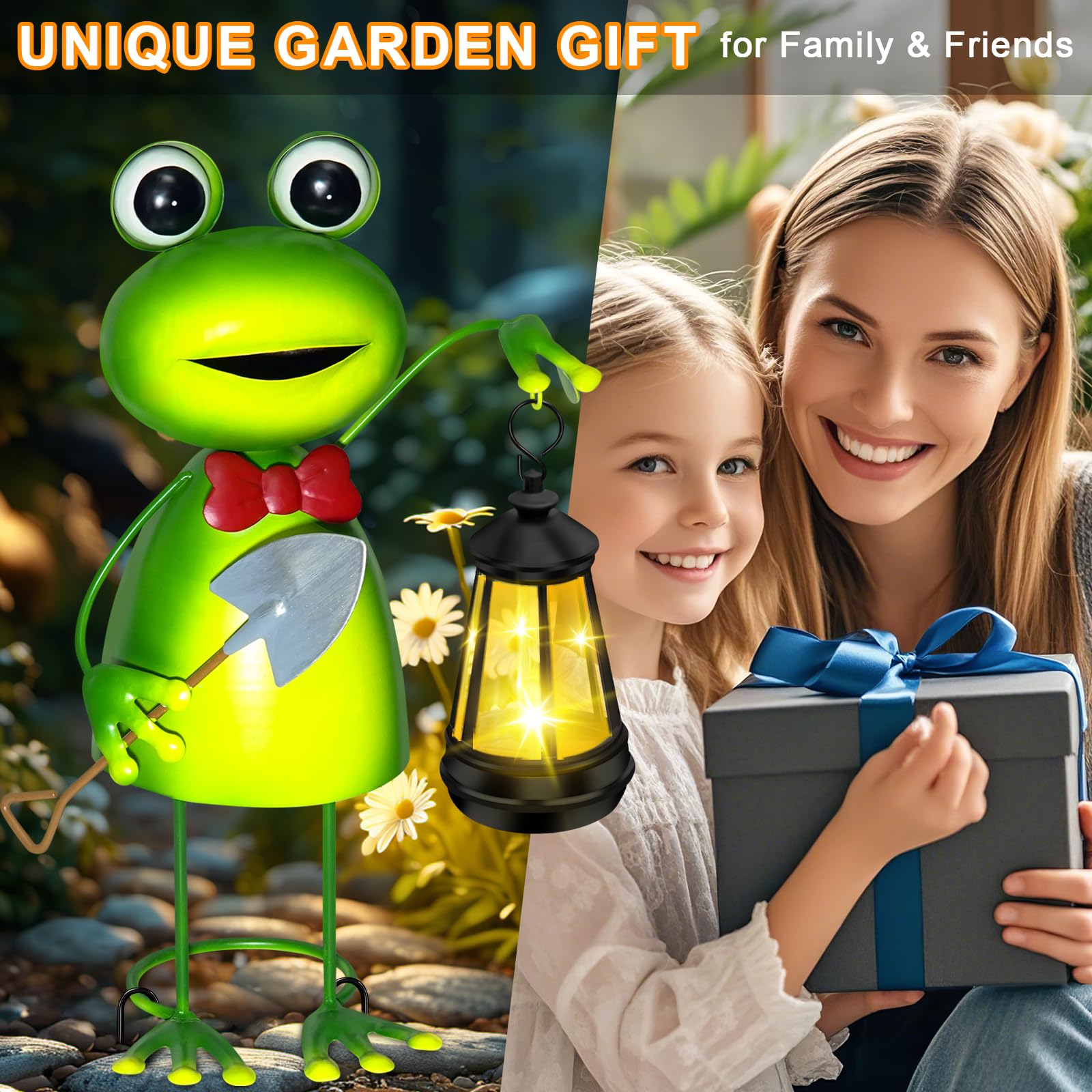 Solar Garden Lights Frog Statue With Solar Lantern Lights 13.78In Tall Frog Decor Fairy Accessories Birthday Gifts For Women Mom Grandma Big Metal Decorative Stakes For Home Decor Patio Porch Yard Art