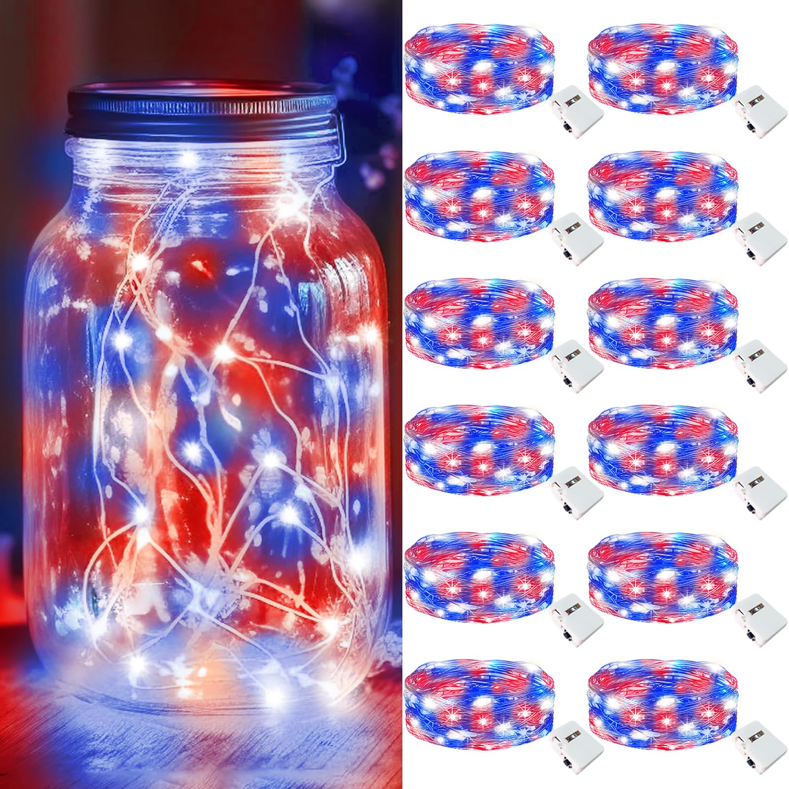 kolpop 30 Pack 4th of July Decor Patriotic Fairy Lights Battery Operated with 3 Modes, Red White Blue Twinkle String Lights Wate