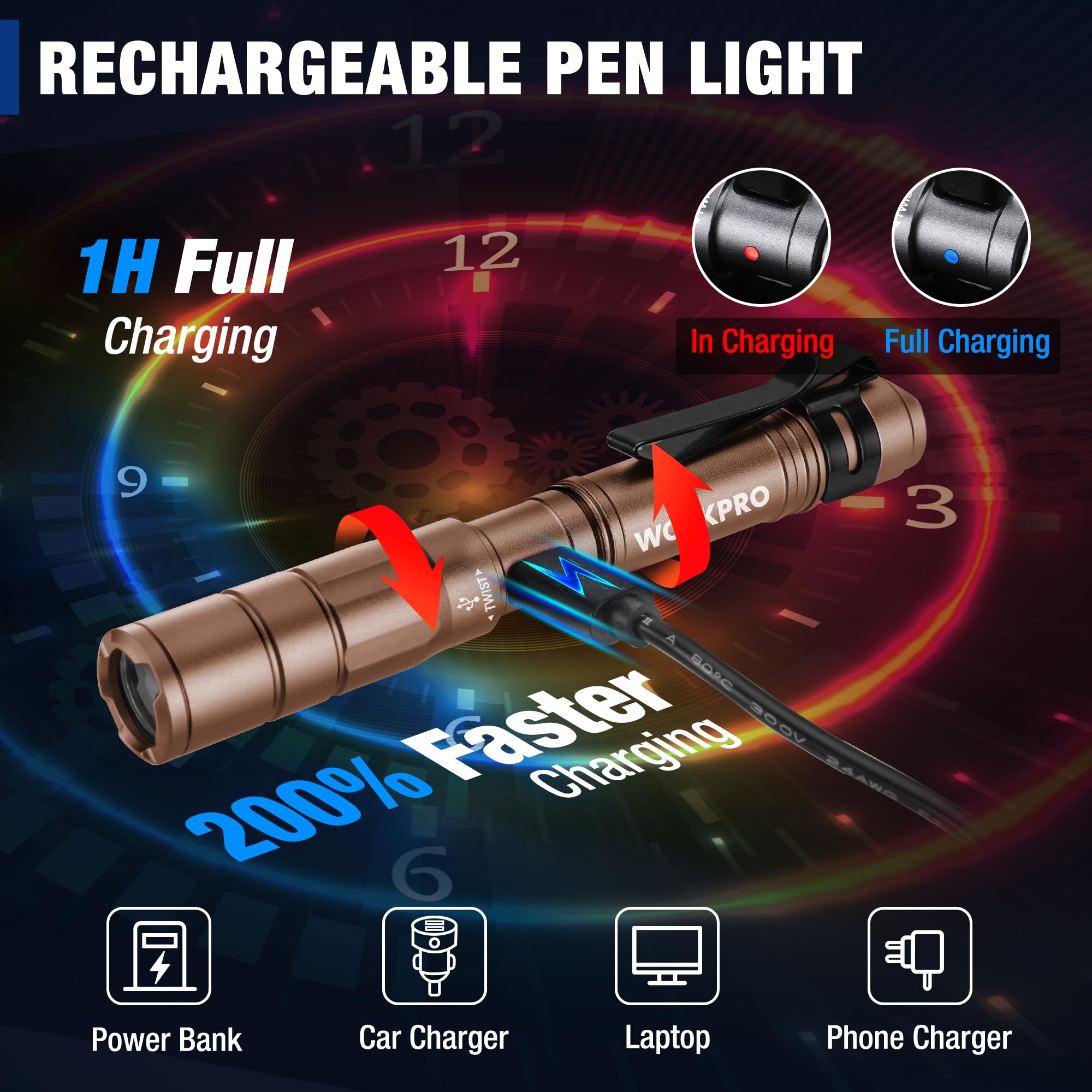 WORKPRO Rechargeable Mini Pen Light Flashlight, Brown Aluminum, 2 Pack with USB C Cables, Model W139024