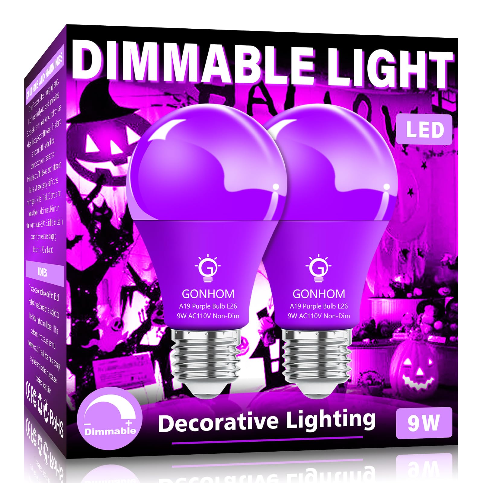 Gonhom 2 Pack A19 LED Purple Light Bulb,9 Watt Purple Lights Equivalent 100 Watt Colored Light Bulbs,E26 Base Purple LED Lights for Party Decoration, Holiday Lighting,Halloween Light Bulbs…