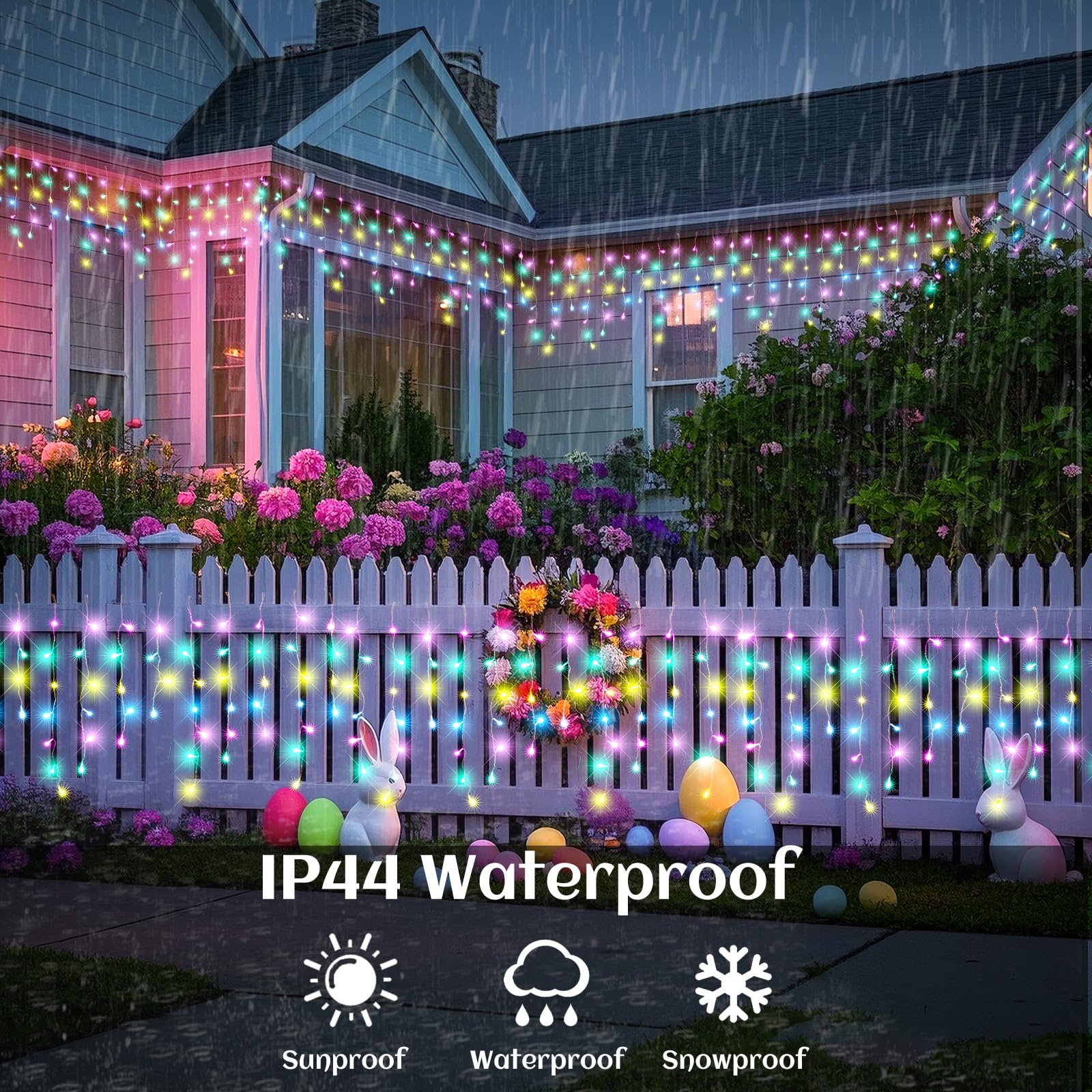 Nielfoi Christmas Lights Outdoor, 640 LED Twinkle String Light, 66ft Pastel Multi-Color, Clear Wire Short Curtain Light
