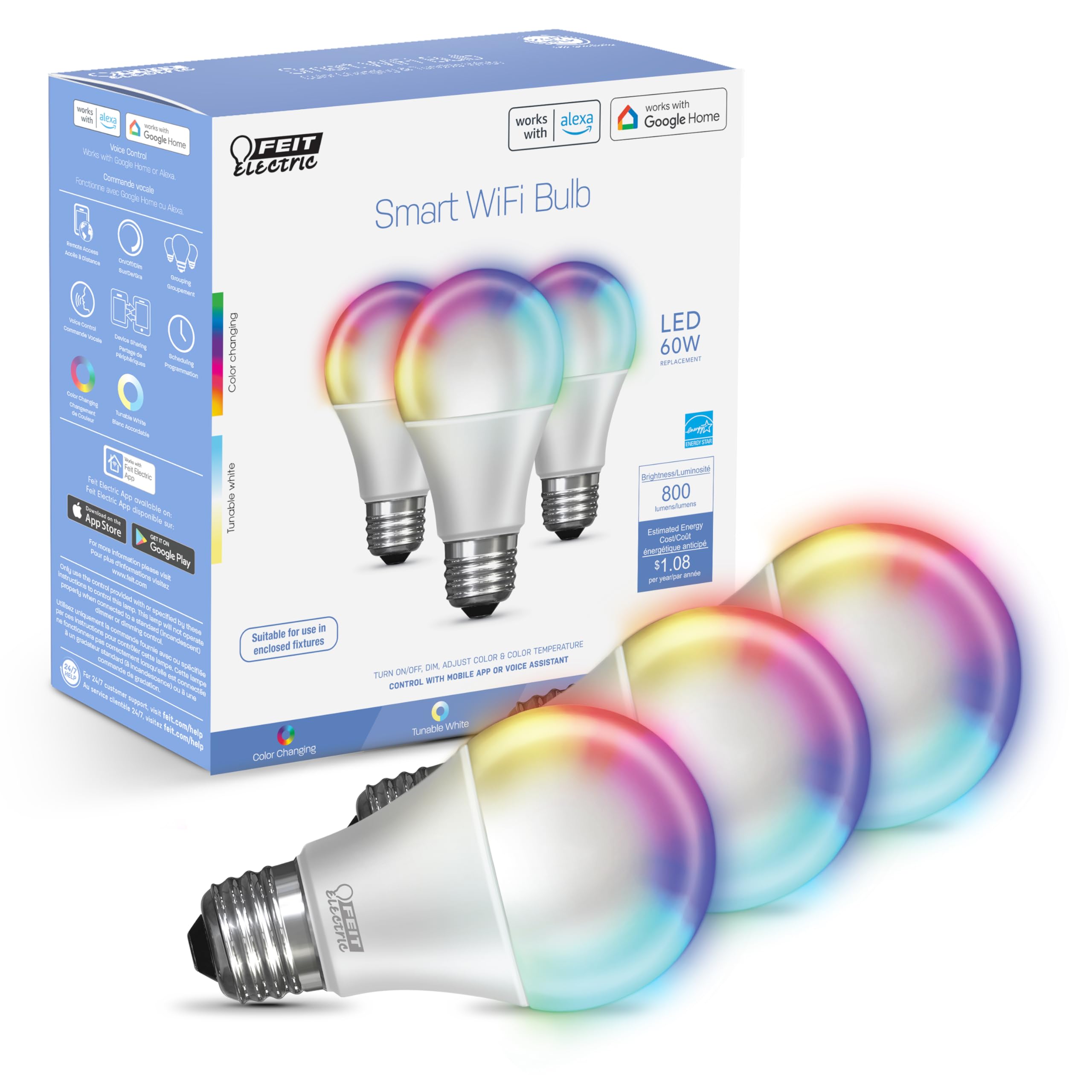 Feit Electric Smart Light Bulbs, RGB Color Changing, Dimmable 9W, 3 Count, OM60/RGBW/CA/AG/3, Rgbw Multicolor