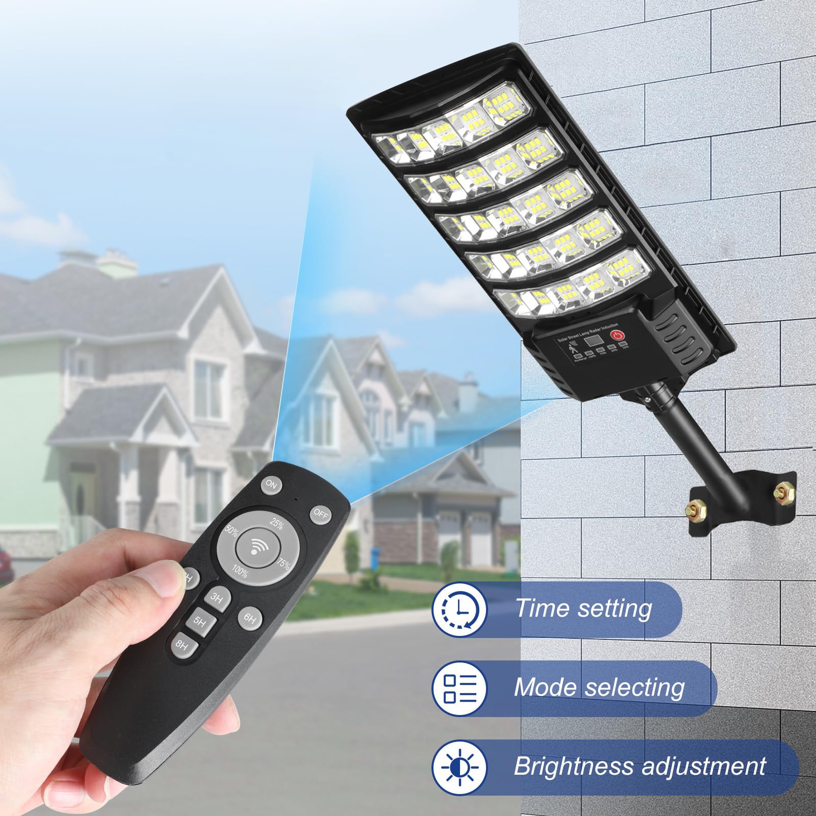 AITERMOND 4-Pack Solar Street Lights, 30000lm, IP66 Waterproof, Motion Sensor, Remote Control, ABS, Black, Model AIT602A