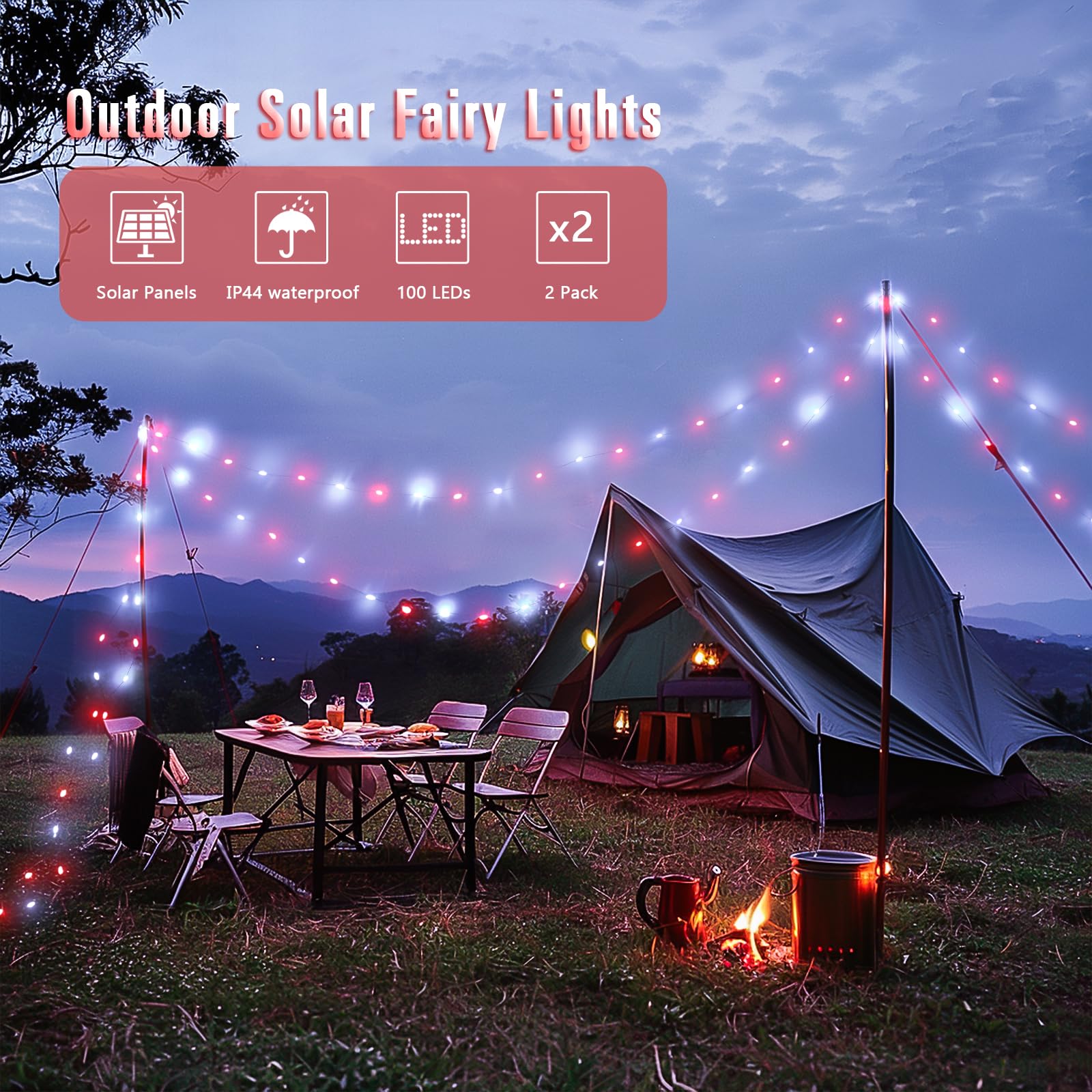 JMEXSUSS Solar String Lights - 100 LED, 33FT, Waterproof, 2 Pack, Red and White for Outdoor Christmas Decorations