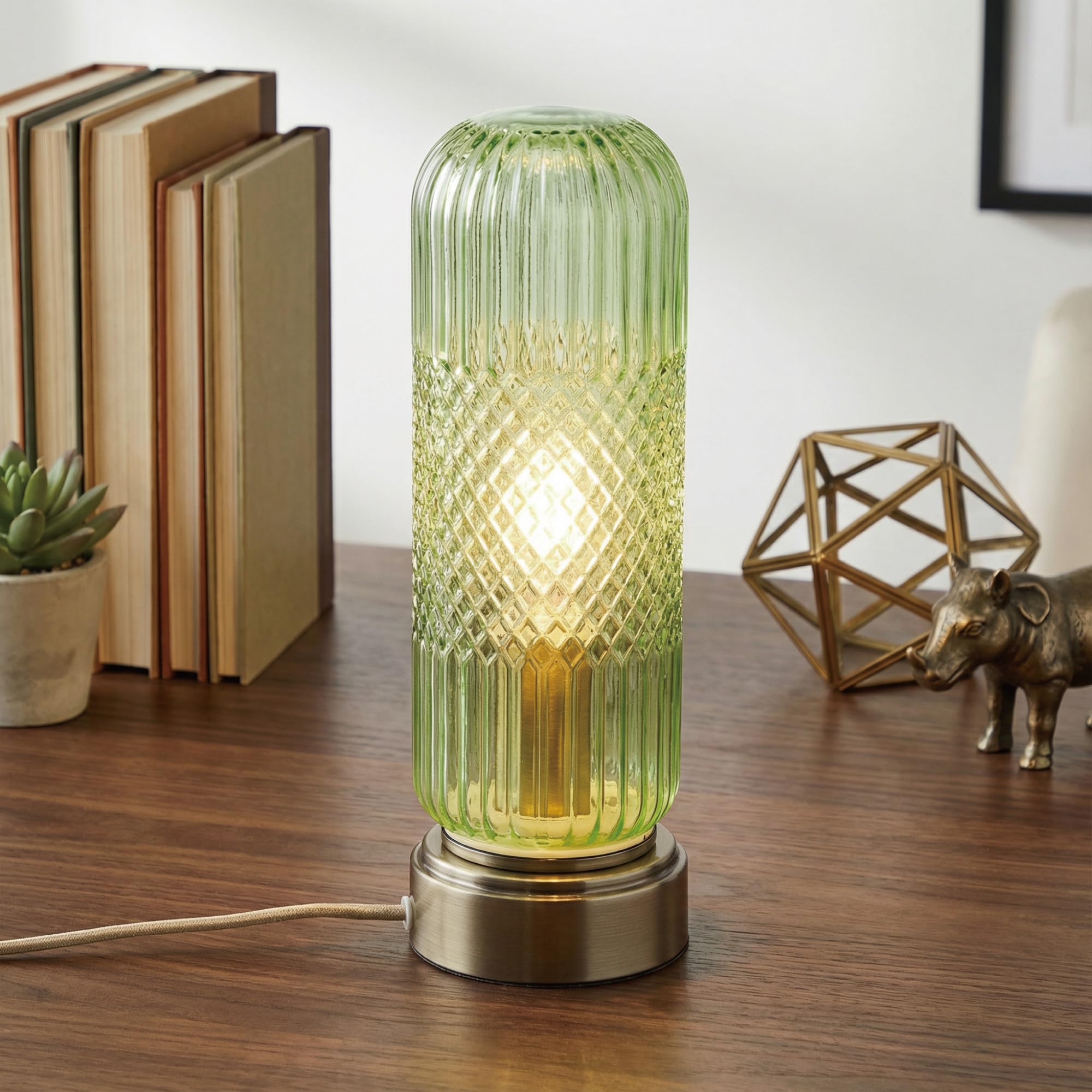 Buruis 11.6 Touch Dimmable Table Lamp, Ribbed Glass Shade with Antique Brass Metal Base, UL Listed, Modern Accent Lamp for Bedro