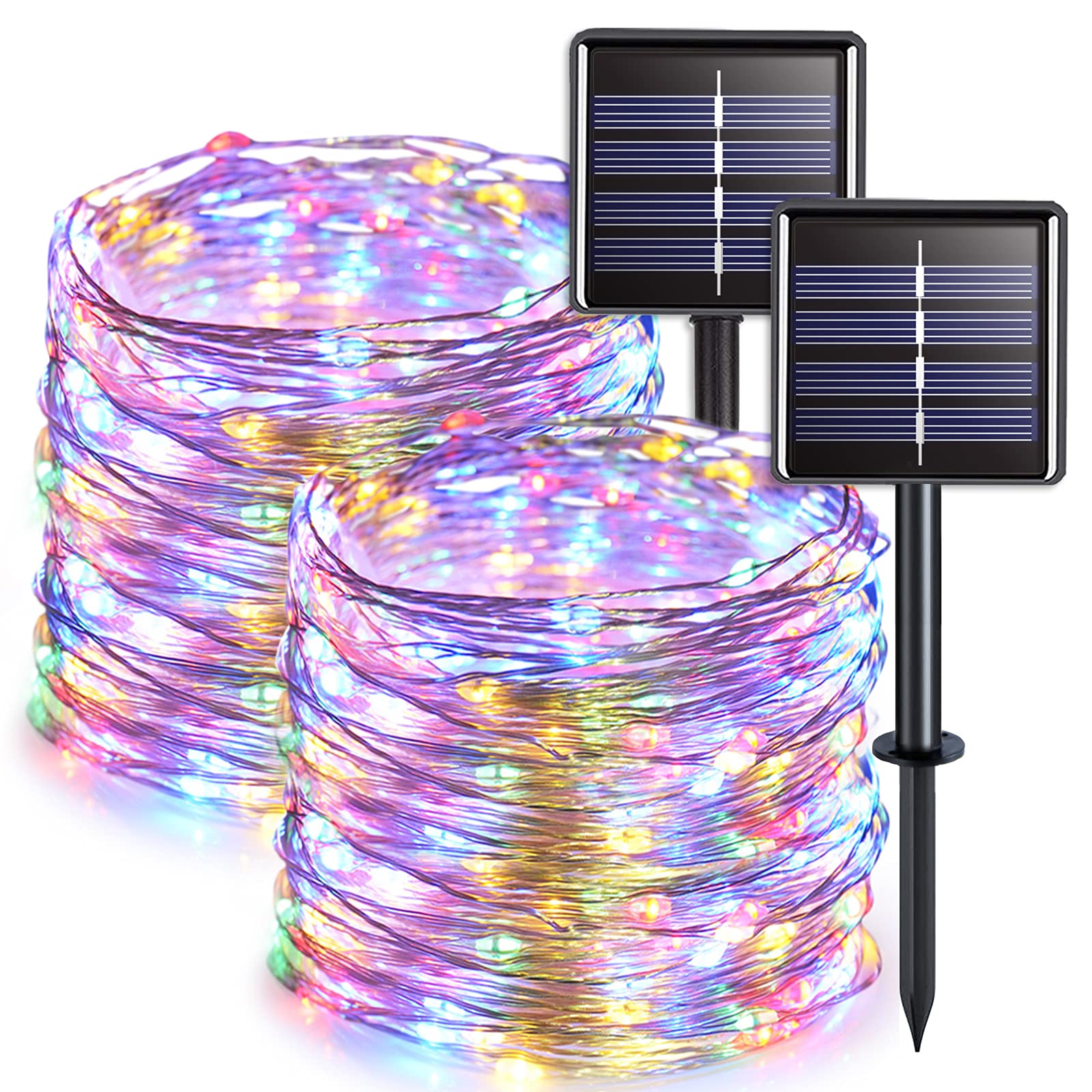 JMEXSUSS 2 Pack Solar Christmas Lights Outdoor Waterproof, Each 33FT 100 LED Multi Colored Solar Fairy Lights, 8 Modes Solar String Lights for Outside Yard Patio Tree Garden Christmas Decorations