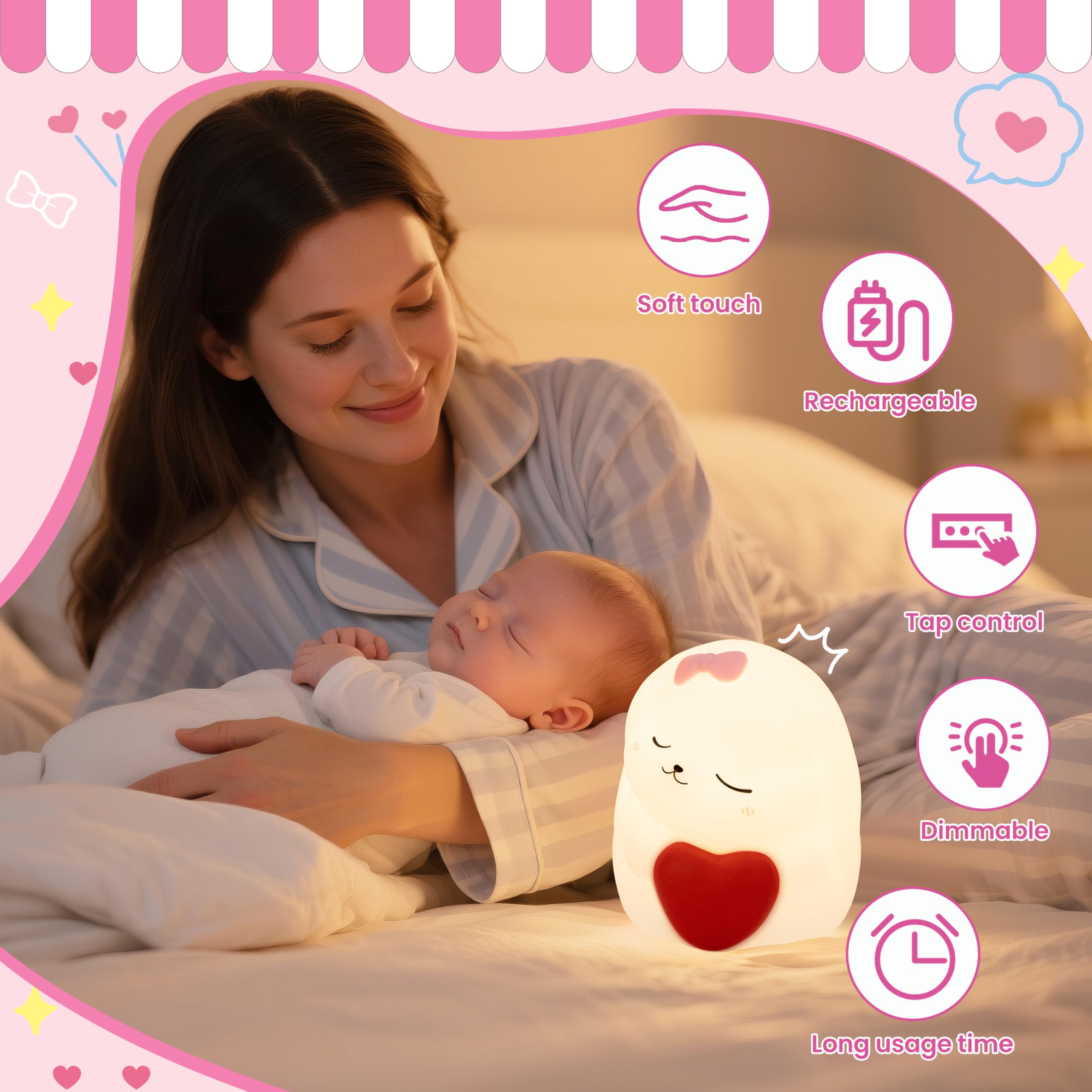 loatme Rechargeable Dimmable Silicone LED Night Light, 7 Colors, Rabbit Design for Kids Room Decor