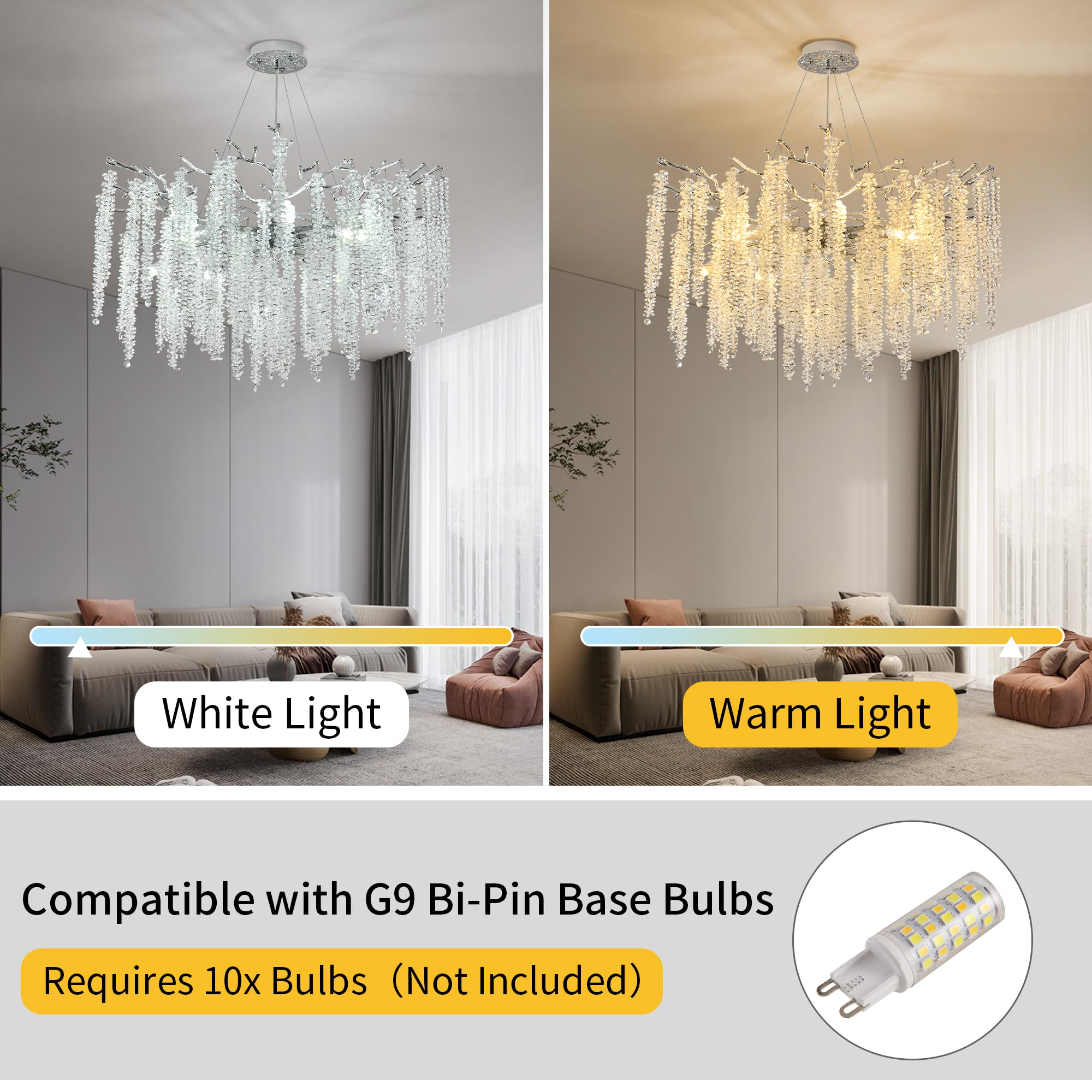 Upfelw Modern Crystal Tree Branch Chandelier, 10 Lights, D30'', Polished Chrome, Art Deco Lighting for Dining Room, Bedroom, Living Room
