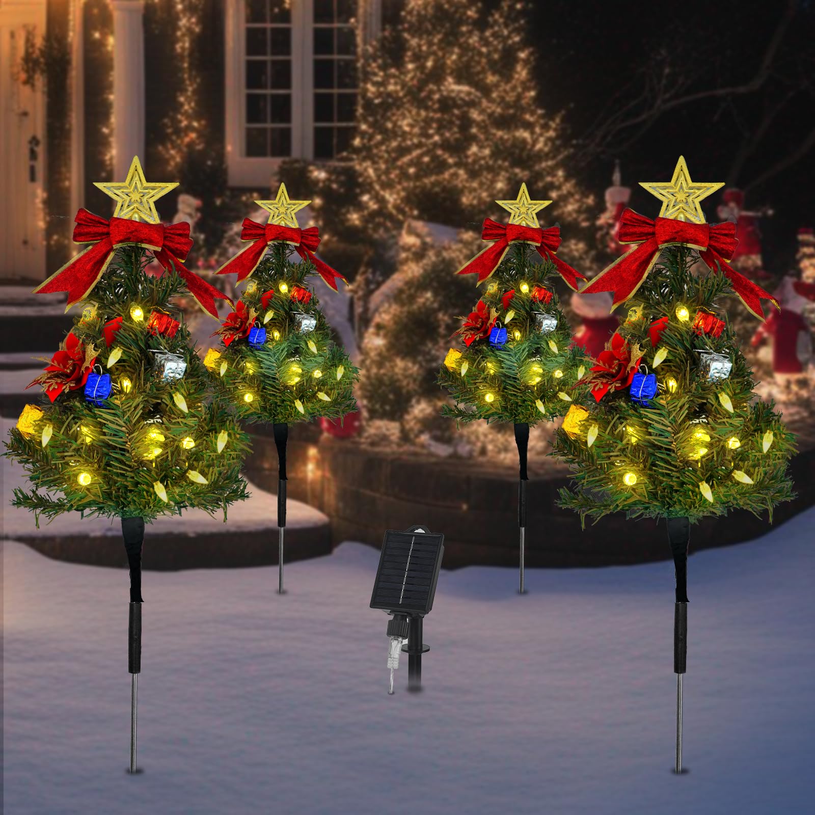 Tngan Solar Christmas Tree Pathway Lights Outdoor, Set of 4 Solar Christmas Tree Stake Lights, 80 Outdoor LEDs Xmas Decor, Chris