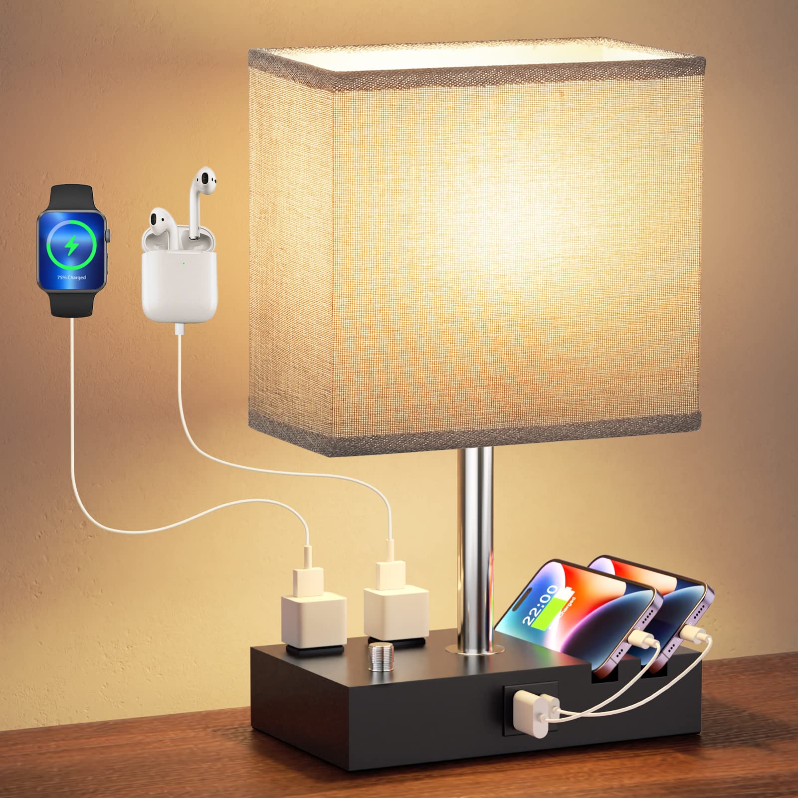 Kakanuo Grey Wooden Nightstand Lamp with USB C Ports & Phone Stand, Dimmable LED Included, Perfect for Bedroom & Living Room