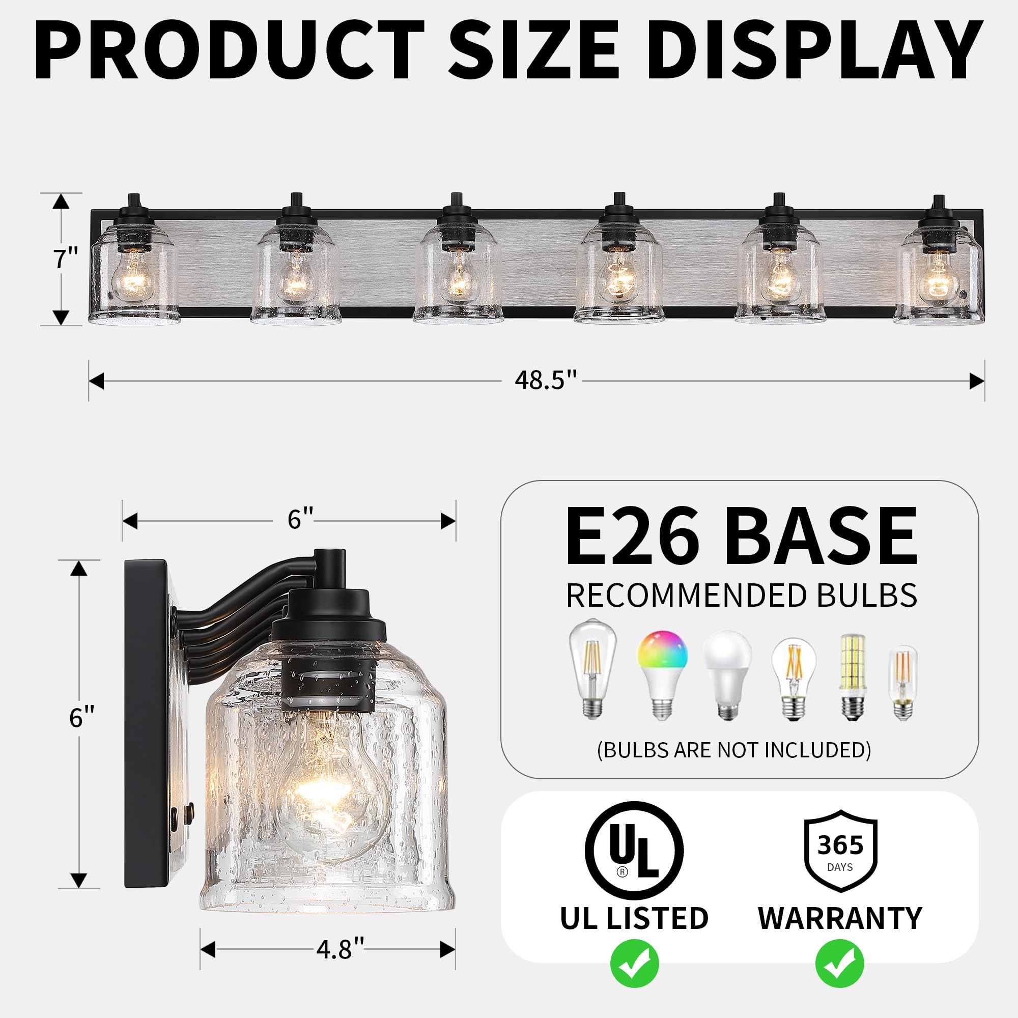 YKLITG 6-Light Farmhouse Bathroom Vanity Light, Grey Metal with Bubble Glass Shades, Model BD005-6-BK