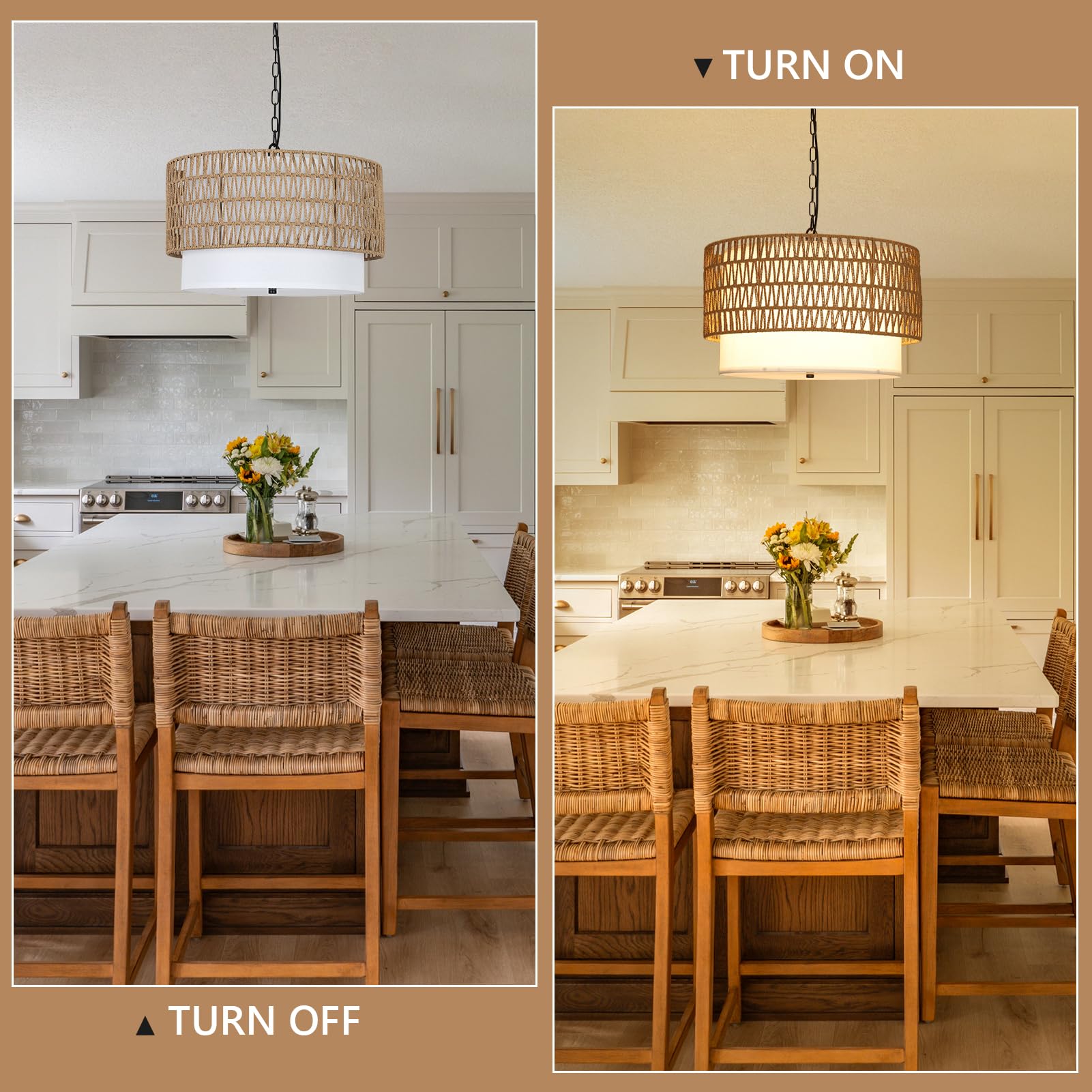 PAUFUL 5-Light Rattan Boho Chandelier - Hand Woven Fabric Shade, Rustic Dining Room Light Fixture for Kitchen, Bedroom, Hallway
