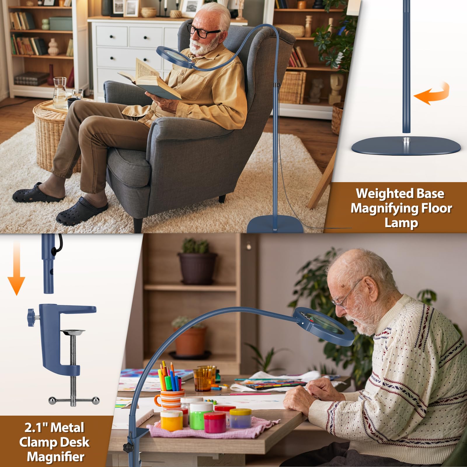 Krstlv 10X Magnifying Glass with Light, Flexible Gooseneck Floor Lamp, LED 5 Color Modes, Stepless Dimmable, Blue, Model LBLFG609X01