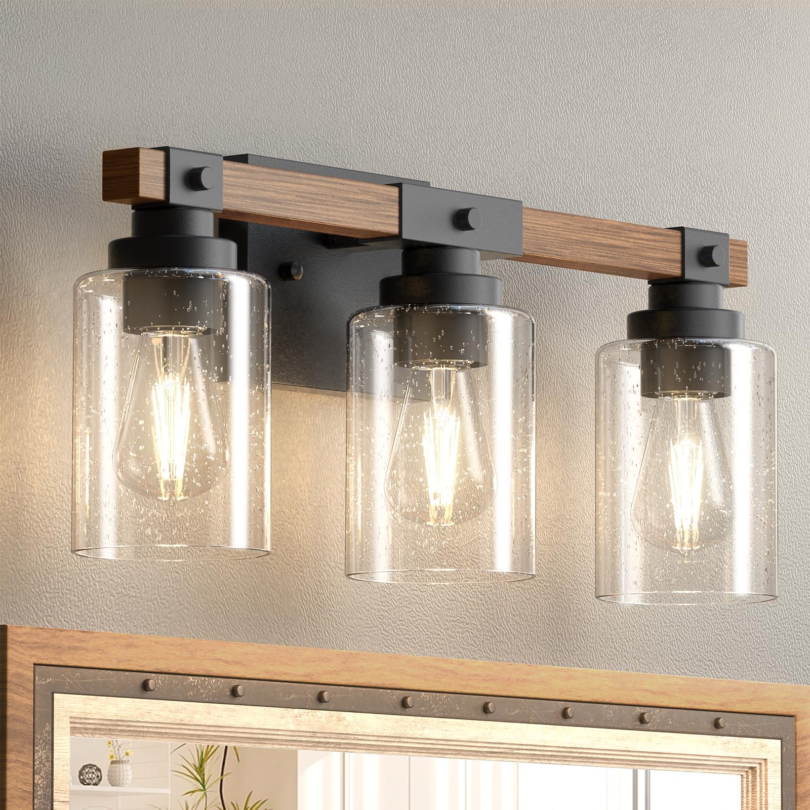 Amico 3-Light Farmhouse Vanity Light Fixture, Rustic Wood Bathroom Light Fixtures, Industrial Vintage Black Wall Sconces Light W