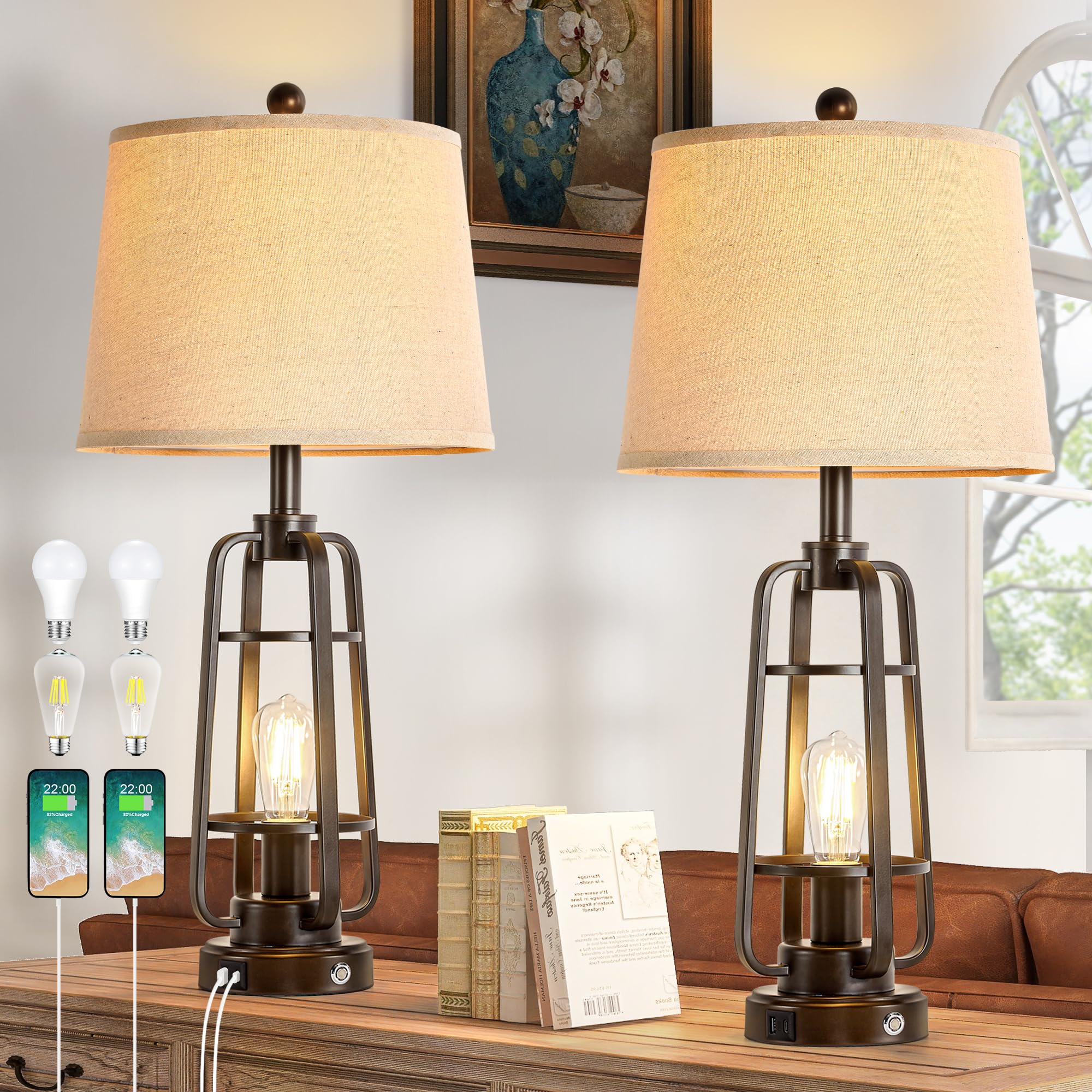 BZZMMB 28.7'' Table Lamps for Living Room Set of 2, Touch Lamps for Bedrooms with USB C+A Charging Ports, Farmhouse Lamps for Ni