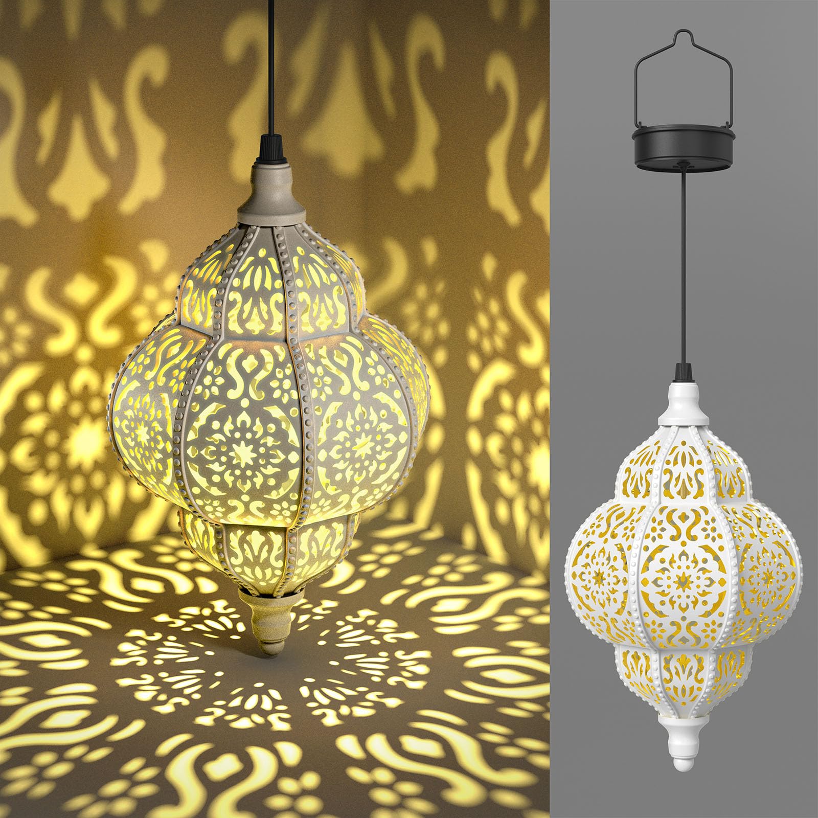 Hapjoy Hanging Solar Lantern - Waterproof Plastic Moroccan Outdoor Decor for Garden, Patio, Pathway - White, Model ZB-520