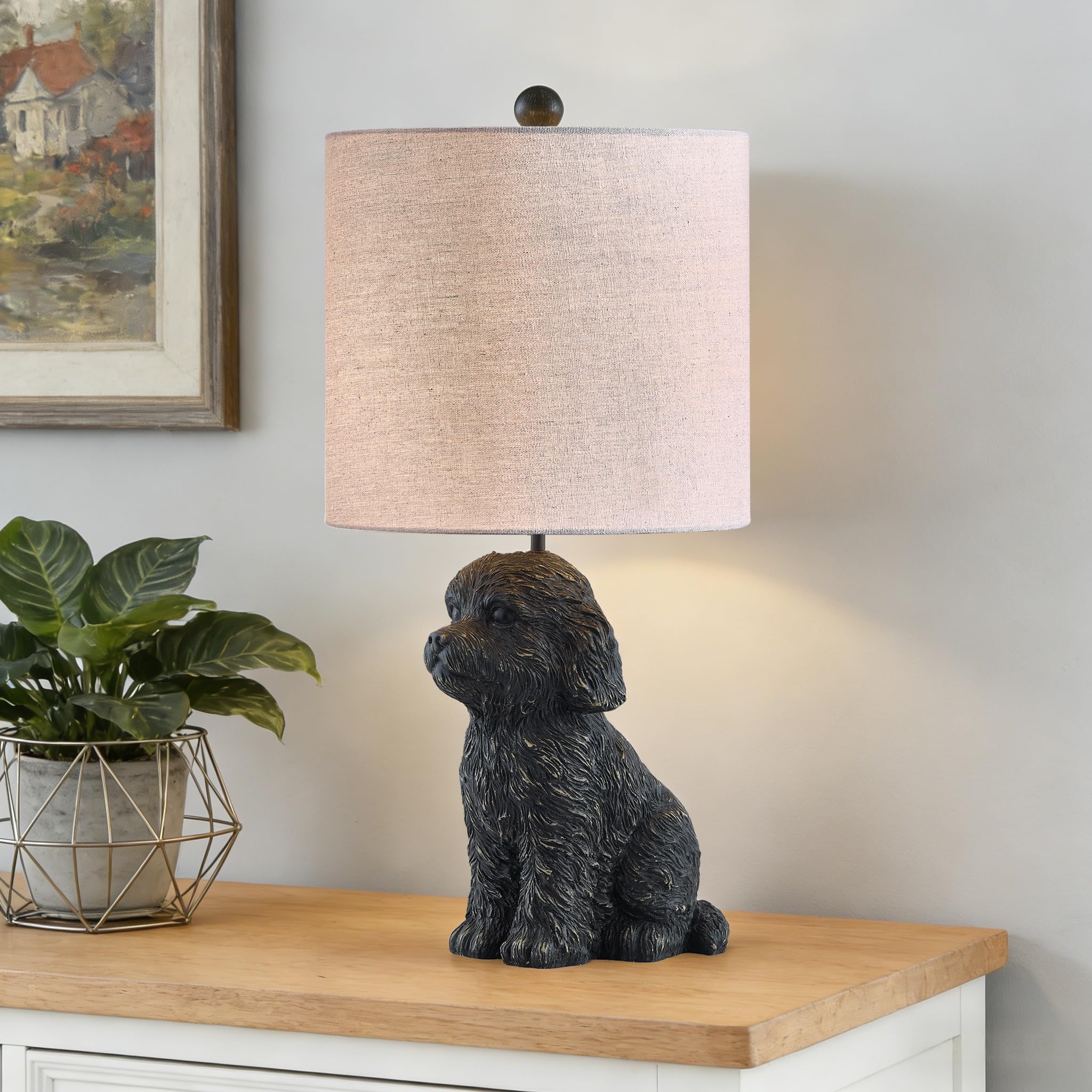 Crestview Collection 24 Bronze Doodle Dog Table Lamp  Resin Desk Lamp with Linen Shade Cute Bedside Lamp for Bedroom Nightstand Lamps for Living Room Unique Aesthetic Home Room Decor Gifts