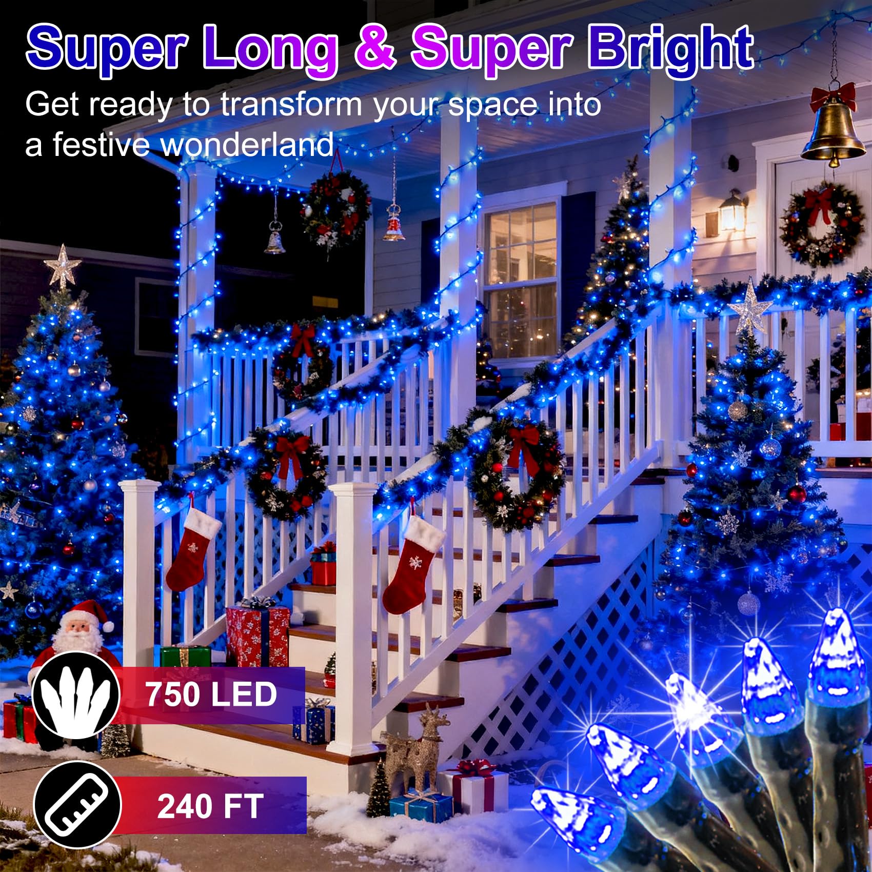 750 Led 240Ft Christmas String Lights Outdoor  12 Pro Modes And Timer Memory & Brightness  Plug In Waterproof Dark Green Wire Twinkle Light For For Xmas Yard Tree Wedding Party Decor (Blue)