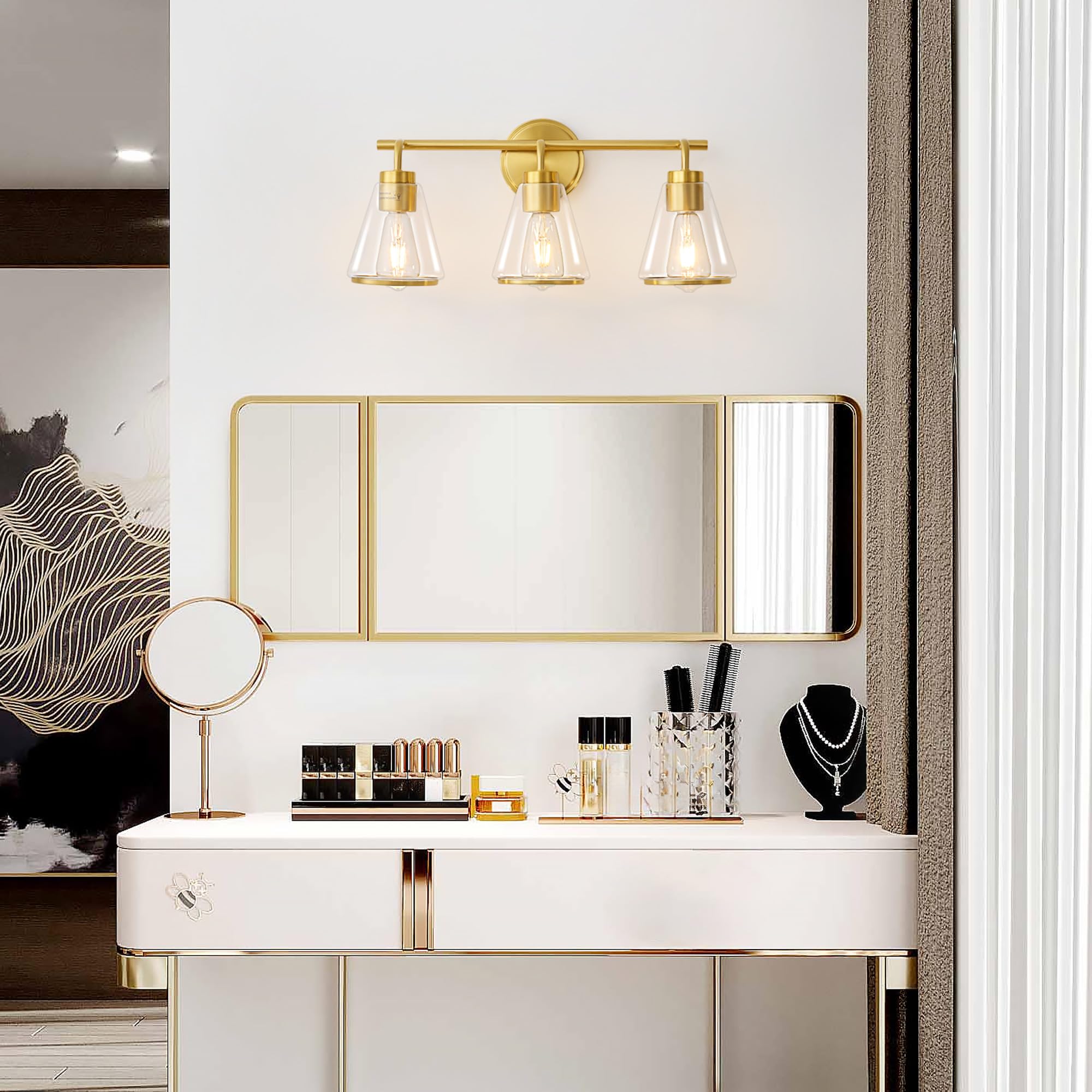 Nadosa Gold Vanity Light Bathroom Light Fixtures Over Mirror 3 Lights Bathroom Vanity Lights With Clear Glass Shade 22 Inch Modern Wall Sconce Bathroom Lights For Bath