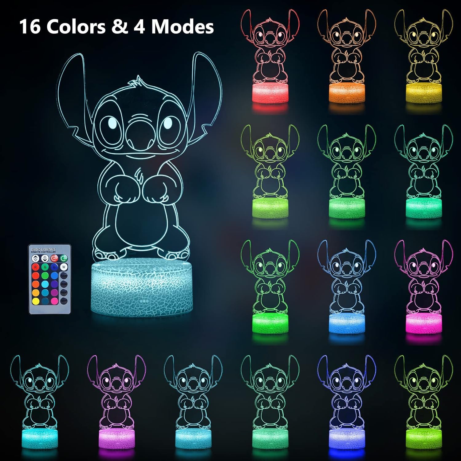 Hoofun 3D Illusion Stitch Night Light with Remote Control - Perfect for Girls Room Decor, Birthday and Christmas Gifts
