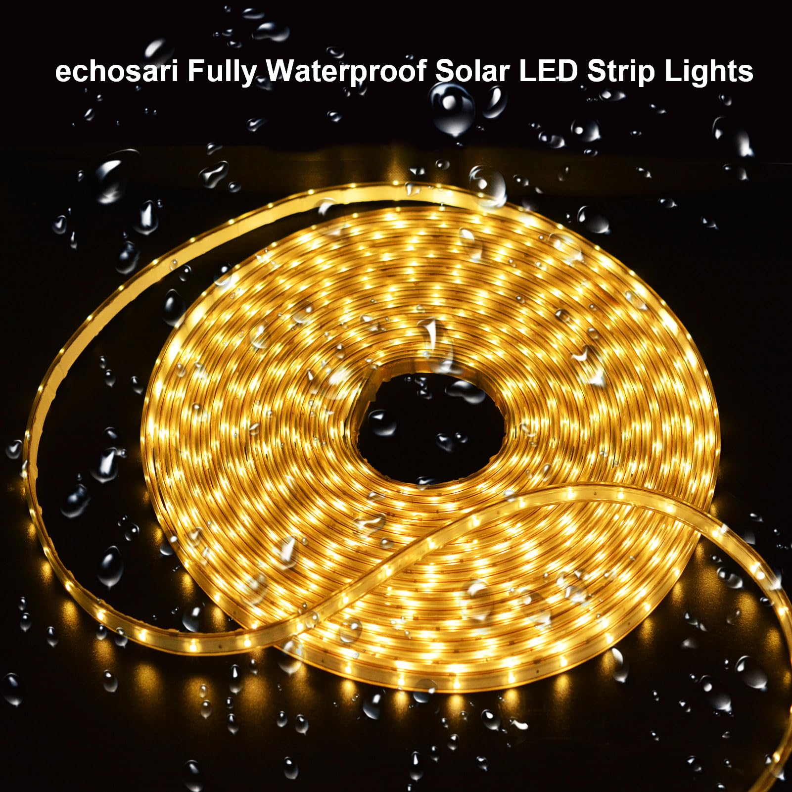 echosari 32.8Ft Solar Strip Lights, IP68 Waterproof LED, Timer Remote, Warm White, Self-Adhesive for Outdoor Camping Pool Decor