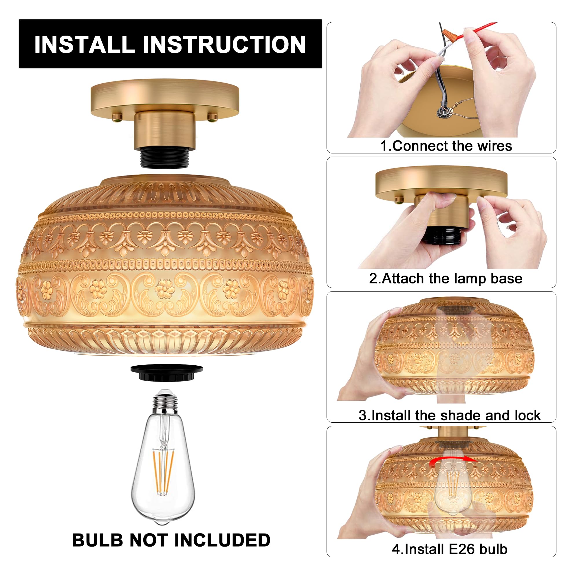 Oykyohei Amber Glass Semi Flush Mount Ceiling Light Fixture For Kitchen, Hallway, Bedroom