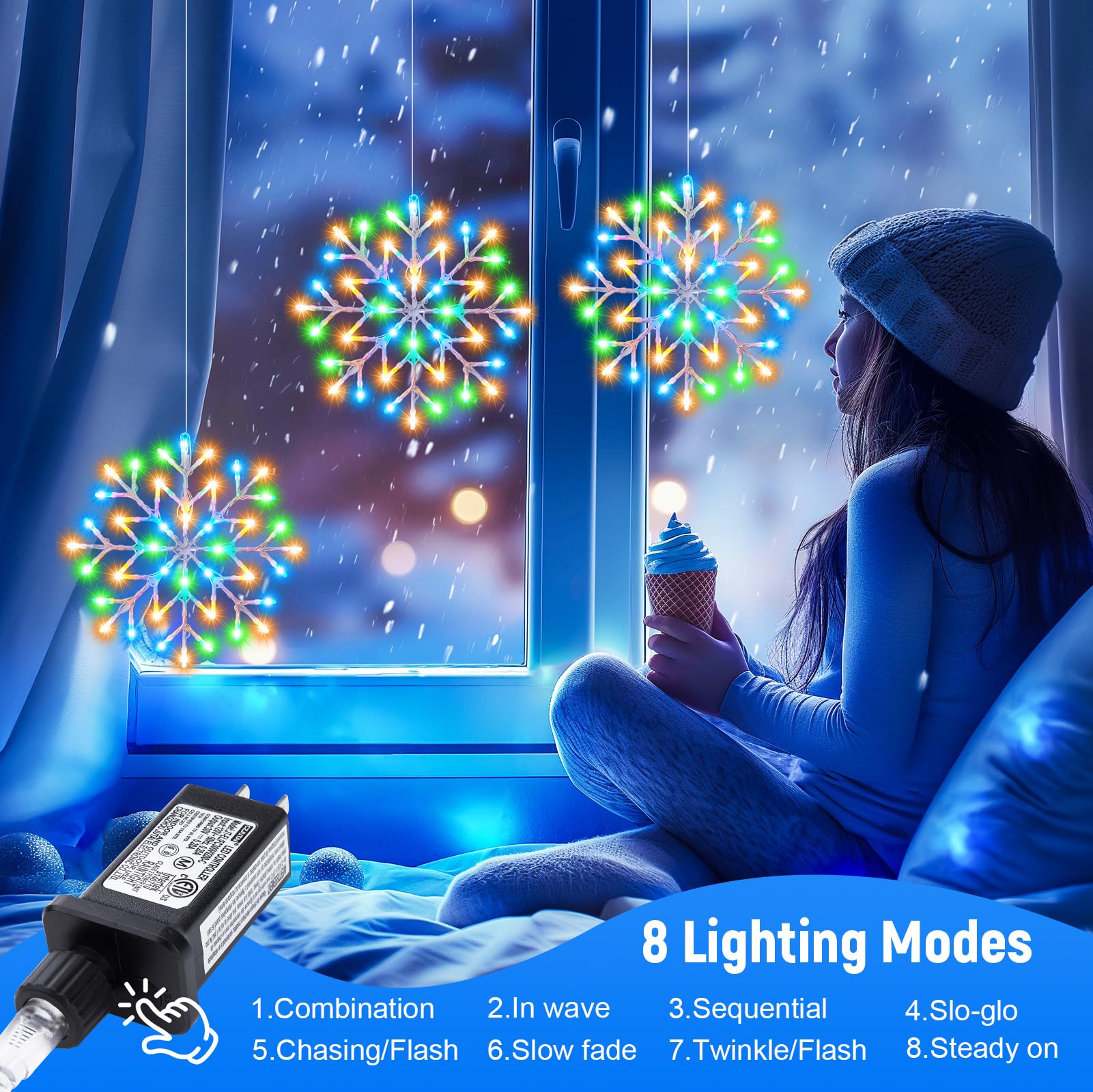 Christmas Snowflake Icicle Lights Outdoor - Plug-In 10.5Ft 5 Drops 240Led Snowflake Window Lights With 8 Modes, Hanging Lights F