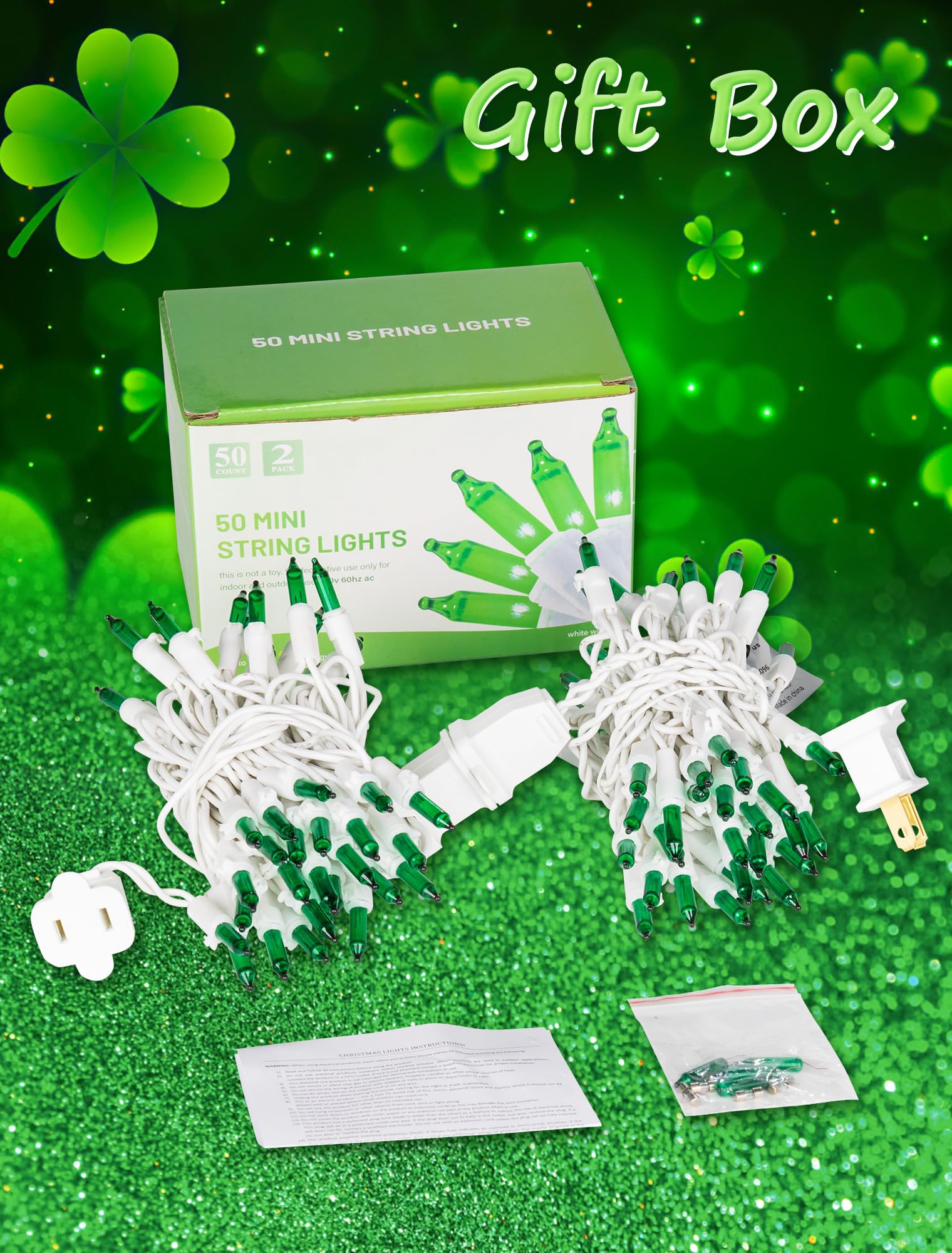 Hopolon St. PatrickS Day String Lights 2 Pack 13Ft 50Count Green Mini Lights White Wire Incandescent Christmas Tree Lights Connectable For Indoor Outdoor Holiday Patio Party Home Decorations