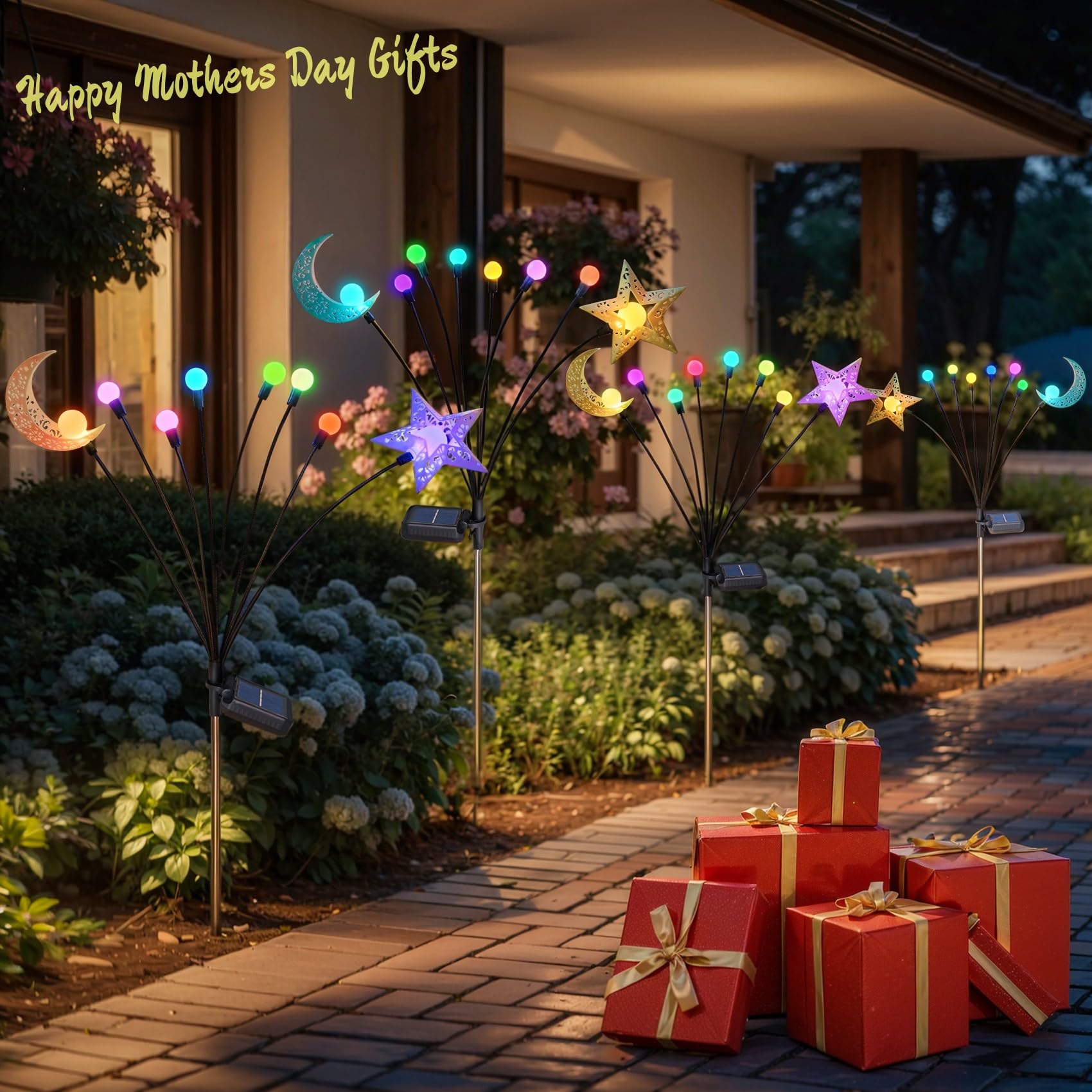 Solar Firefly Lights Outdoor Moon Star Sun Projection Stake Lights - Waterproof Solar Powered Garden Lights For Pathway, Yard, P