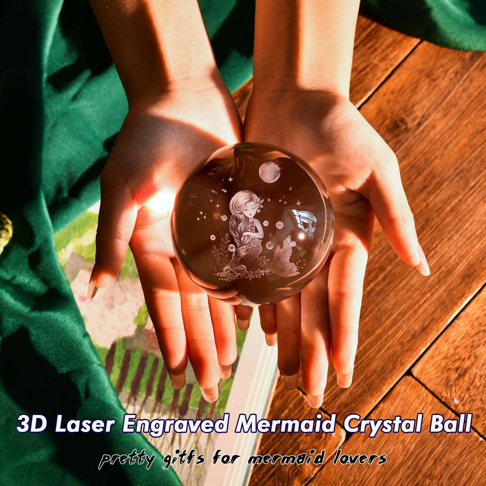 Ifolaina Mermaid Crystal Ball With Lighted Base Laser Engraved Glass Ball Mermaid Night Light Decorative Globes 3D Crystal Plant