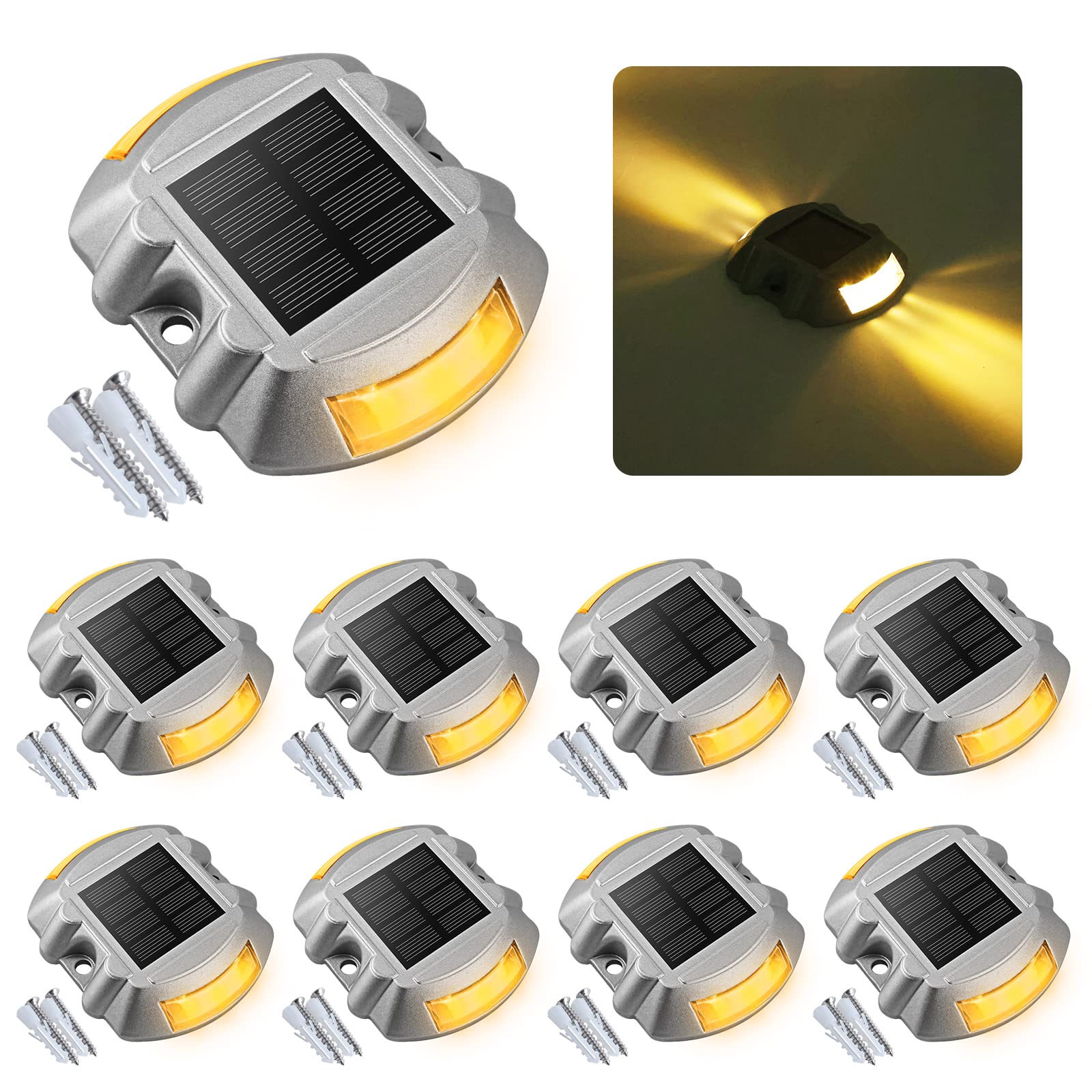 Solar Deck Lights Driveway Dock Lights, VOLISUN 8-Pack Led IP67 Waterproof Outdoor Warning Step Lights for Driveway Sidewalk Gar