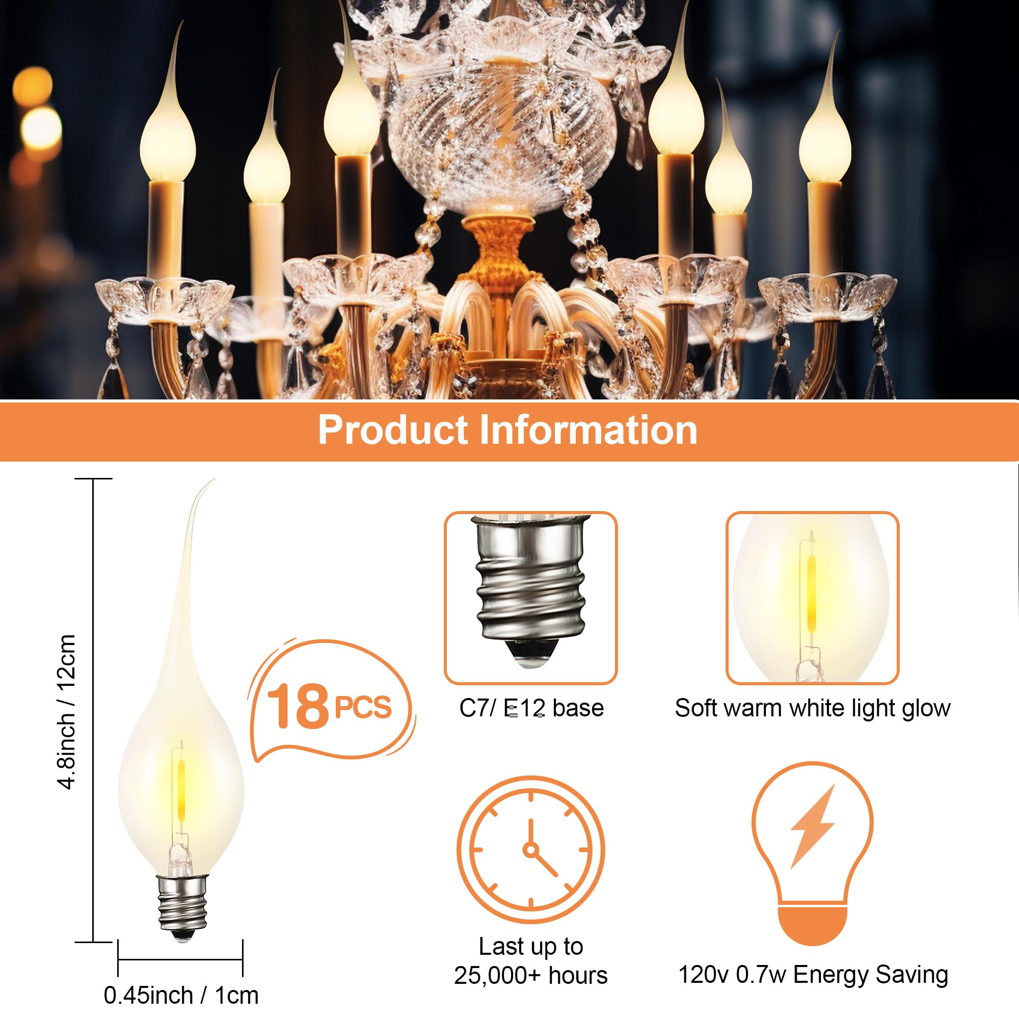 Meonum Silicone Dipped Candle Light Bulbs, 18 Pcs, 0.7W C7 E12, Gold Glow, Soft Coating for Chandelier & Candelabra