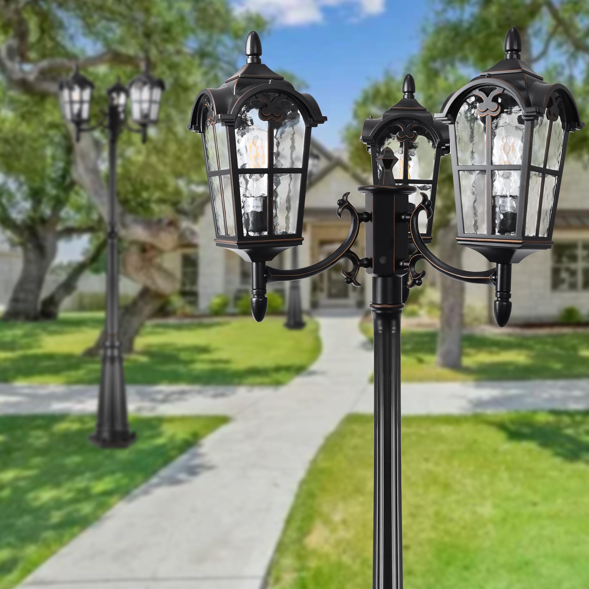 Partphoner Triple Head Black Aluminum Outdoor Lamp Post - Waterproof Garden Light Fixture