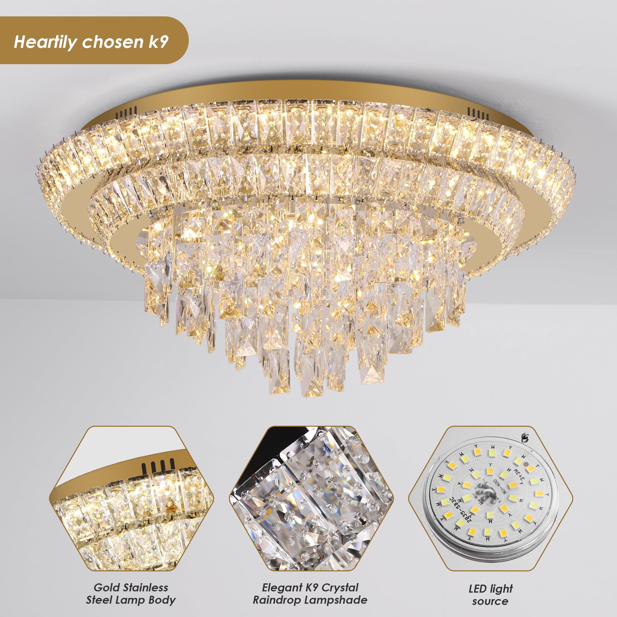 Redstar 24'' Crystal Gold Ceiling-Light Flush Mount With Remote Control, 3 Colors Temp & Brightness Adjustable, Modern Crystal R