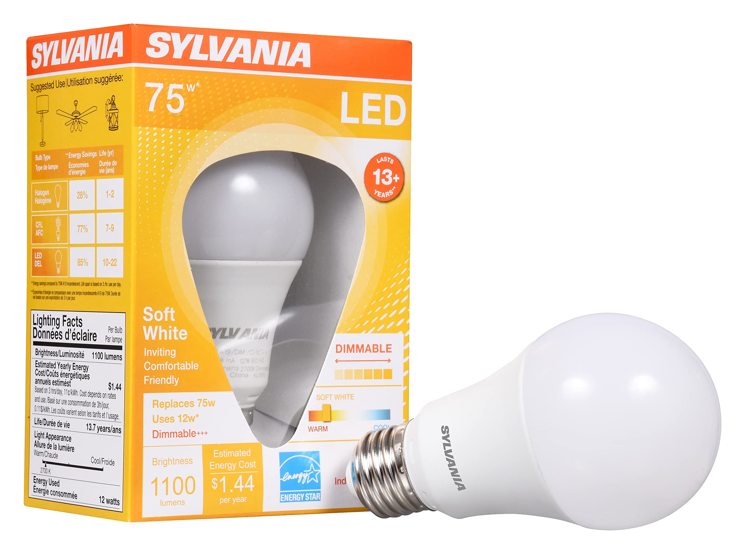 Sylvania A19 Led Light Bulb, 12W, 75W Equivalent, 13 Years, Dimmable, 1100 Lumens, 2700K, Soft White - 1 Pack (74685)