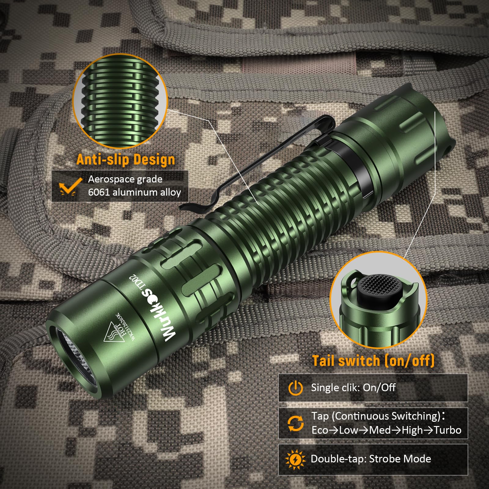 Wurkkos TD02 LED Flashlight, 2000 Lumens, Rechargeable, IP68 Waterproof, Aluminum, Green