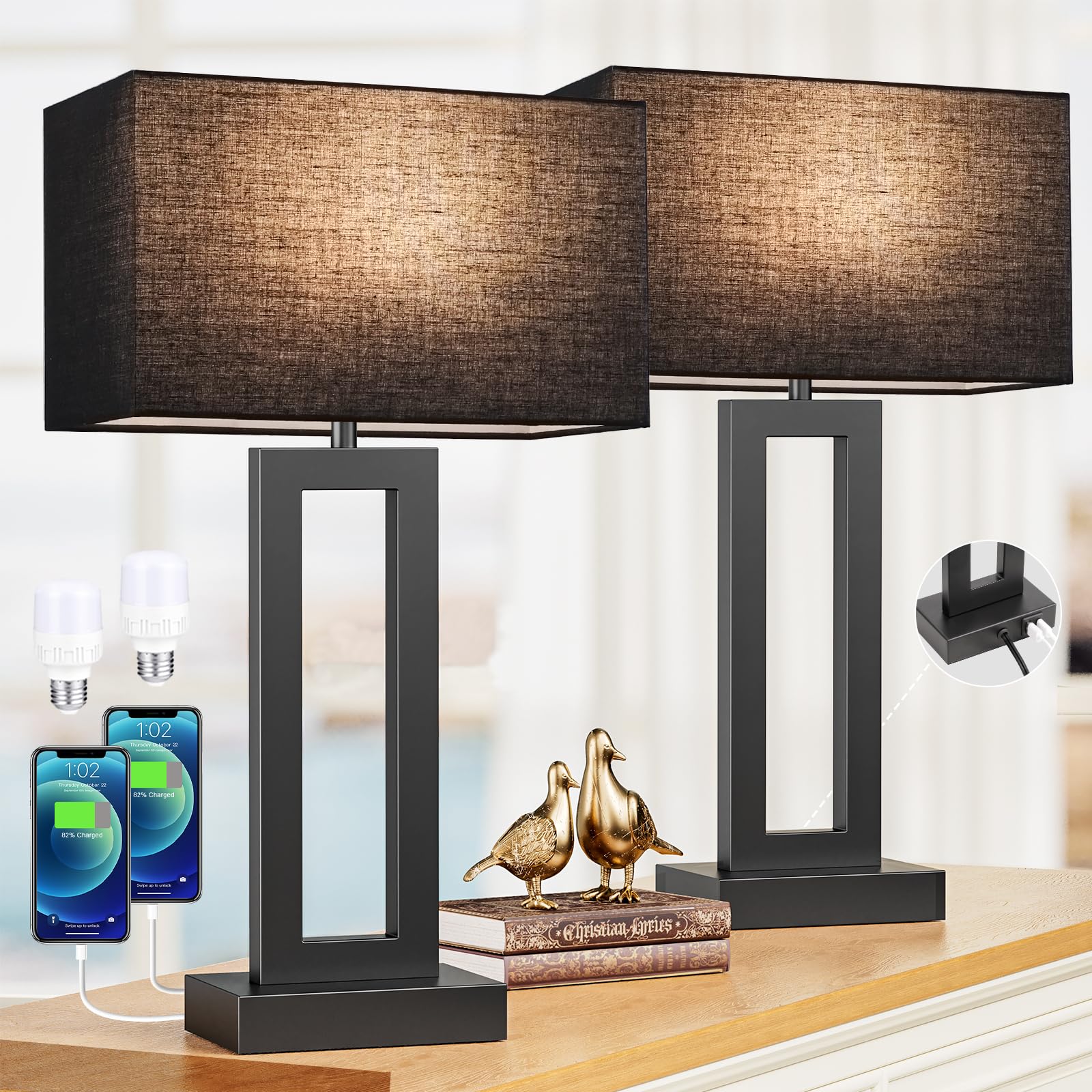 Seealle 22'''' Tall Living Room Lamps for Night Stands - Touch Bedside Lamp with USB C+A, 3 Way Dimmable Bedroom Lamps for End T