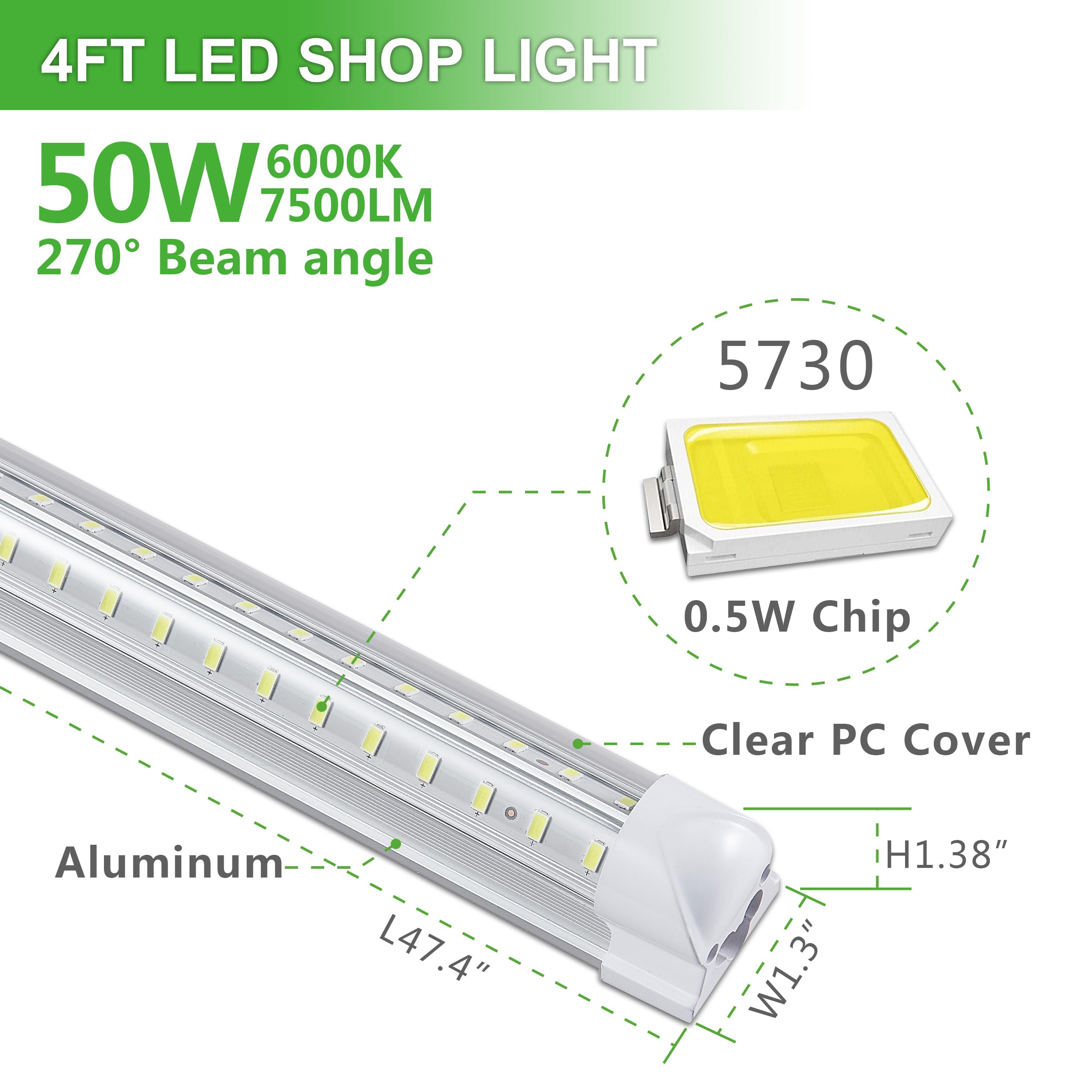 Skymoatled 4Pack 4Ft Led Shop Light Garage Lights,50W 6000K 7500Lm White Light,Hanging/Surface Mount,Plug And Play,Linkable Led