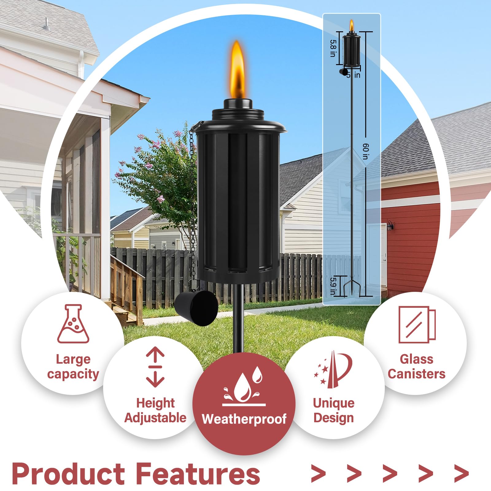 Falbawr Citronella Torches Set Of 4 - 58&quot; Black Garden Lanterns With Grounded Stake