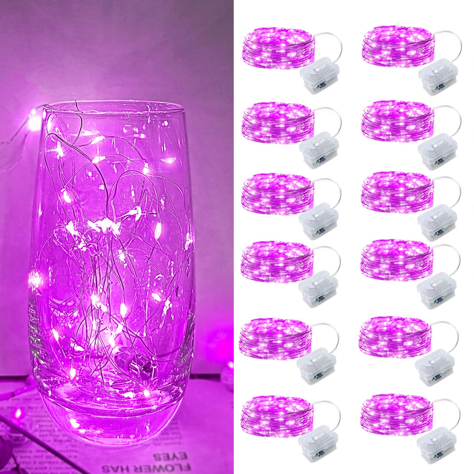 Pink Led Fairy Lights Battery Operated  12 Pack LED Mini String Lights  7FT 20LED Silver Wire Firefly Starry Moon Lights Fairy String Light for Gender Reveal Party Wedding Valentine Mothers Day Decor
