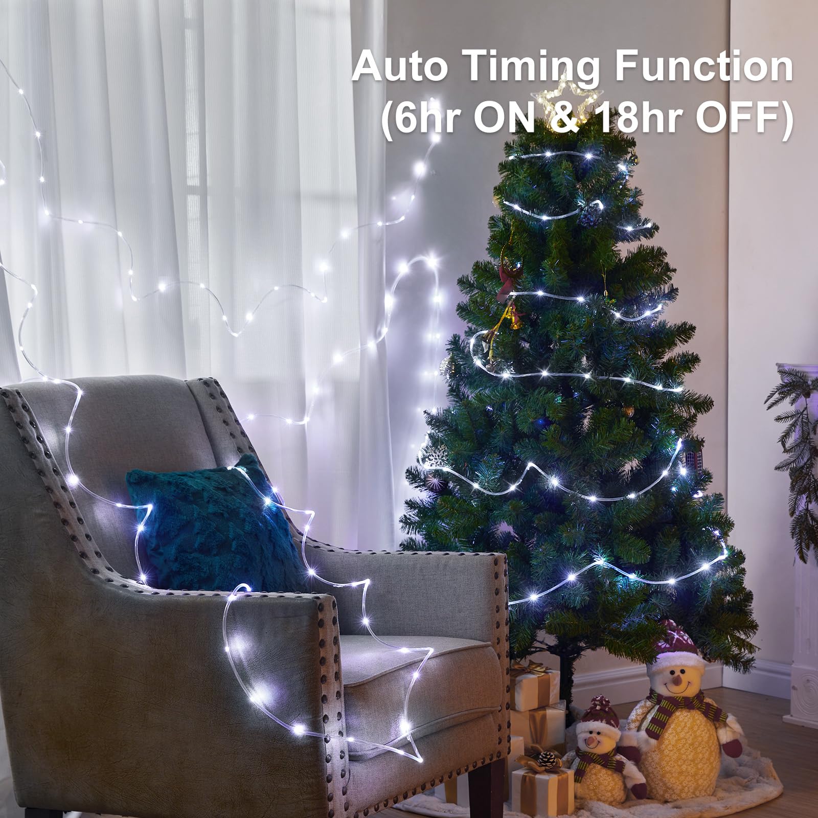 Minetom 2 Pack Battery Operated Christmas Lights Outdoor, Total 66Ft 200 Led Outdoor Rope Lights Battery Operated, Fairy Lights With Timer 8 Mode, String Lights For Outdoor Bedroom Indoor, Pure White