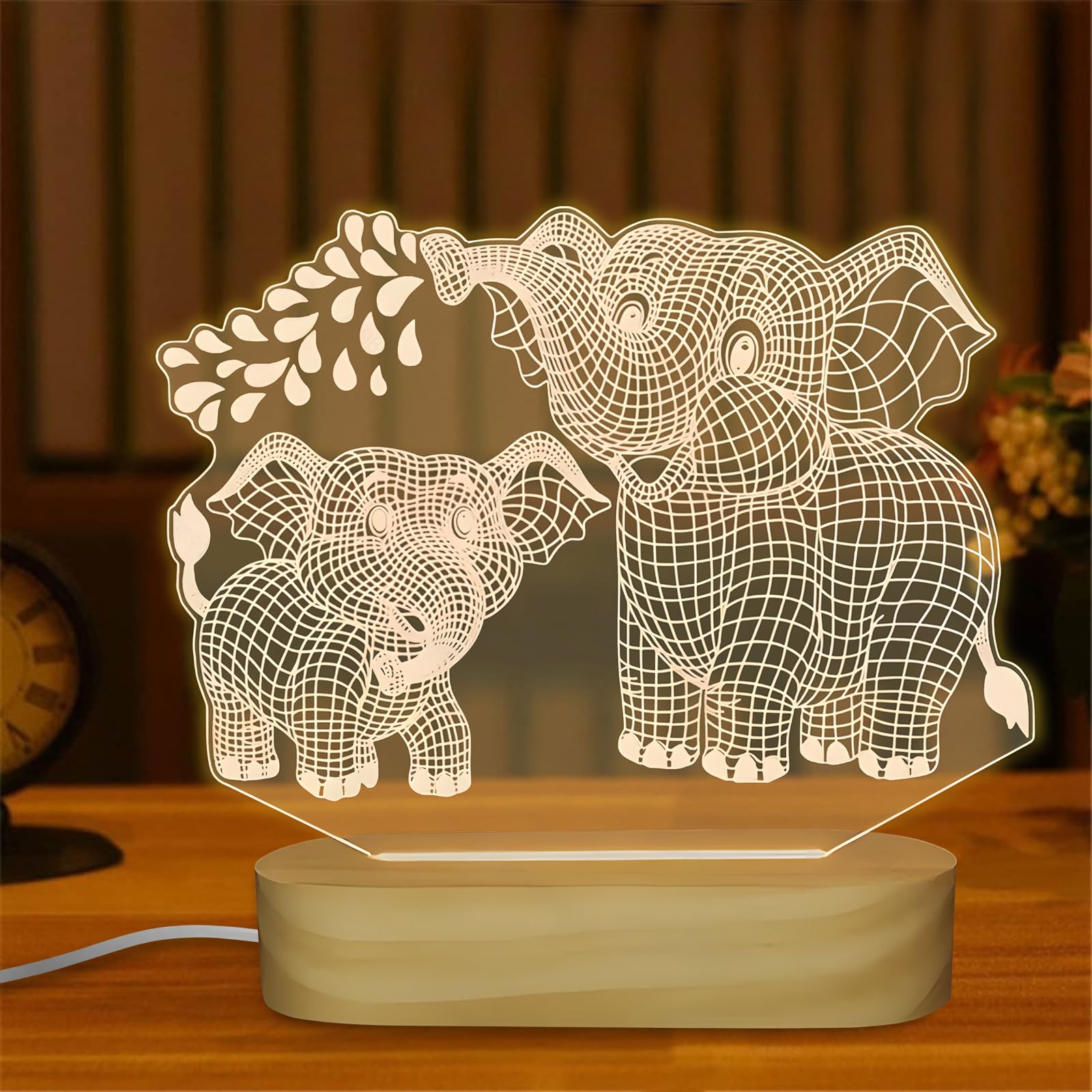 Hpydiy Elephant Shape 3D Crystal Acrylic Light Base With Wood Stand  Led Light For Kids Room Decor  Gift For Mom On Birthday Or Holiday  Home D?Cor Art Display