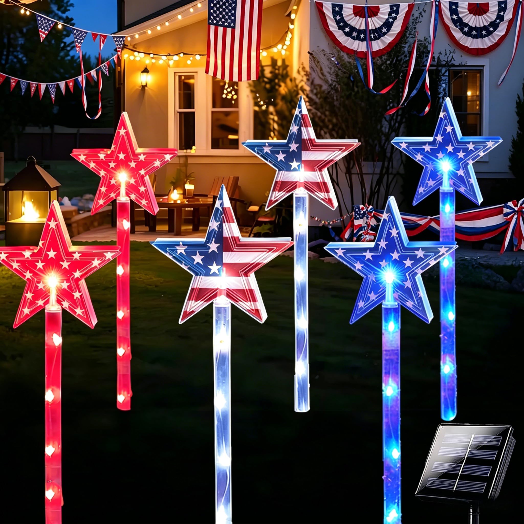 4th of July Decorations Outdoor Red White and Blue Pathway Lights, 6 Pack Flag Star Stake Lights for Independence Day Memorial D