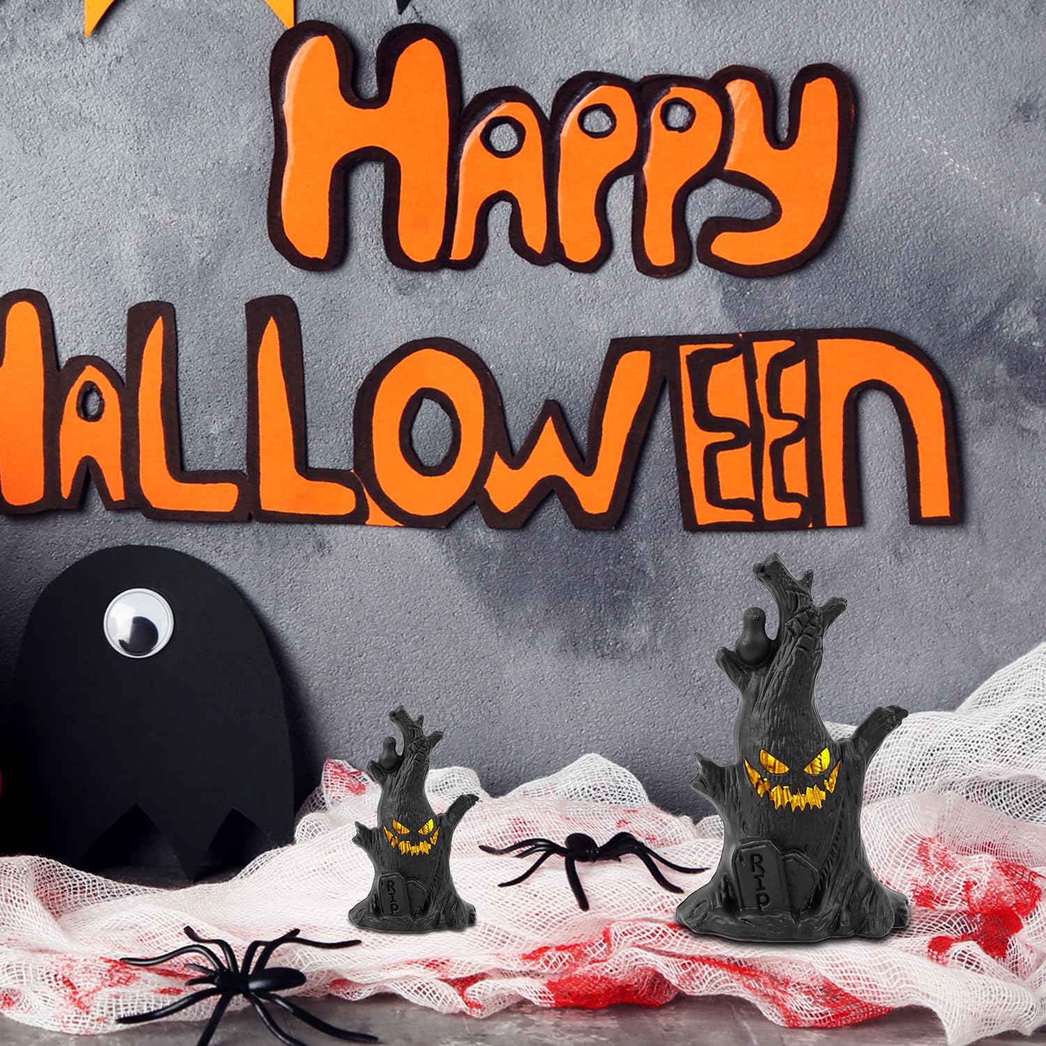 Lifnatty Halloween Tree Lights Decorations - 2 Pack, Battery Operated, Black Resin, Haunted Tree with Glowing Eyes