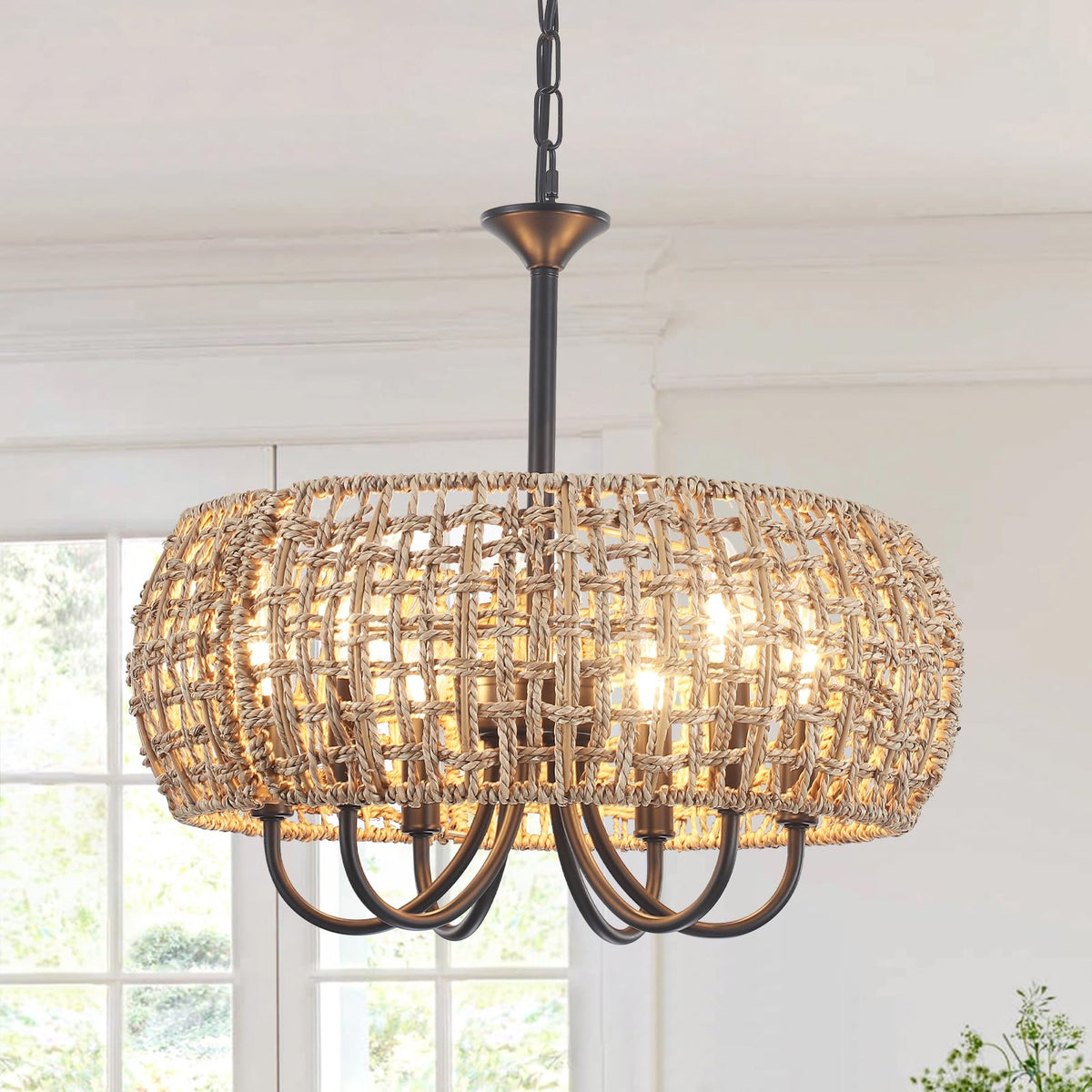 Bykwrtv 6-Light Rattan Chandelier Light Fixture, 18'' Boho Chandelier Rattan Pendant Light With Wicker Drum Shade, Boho Light Fi