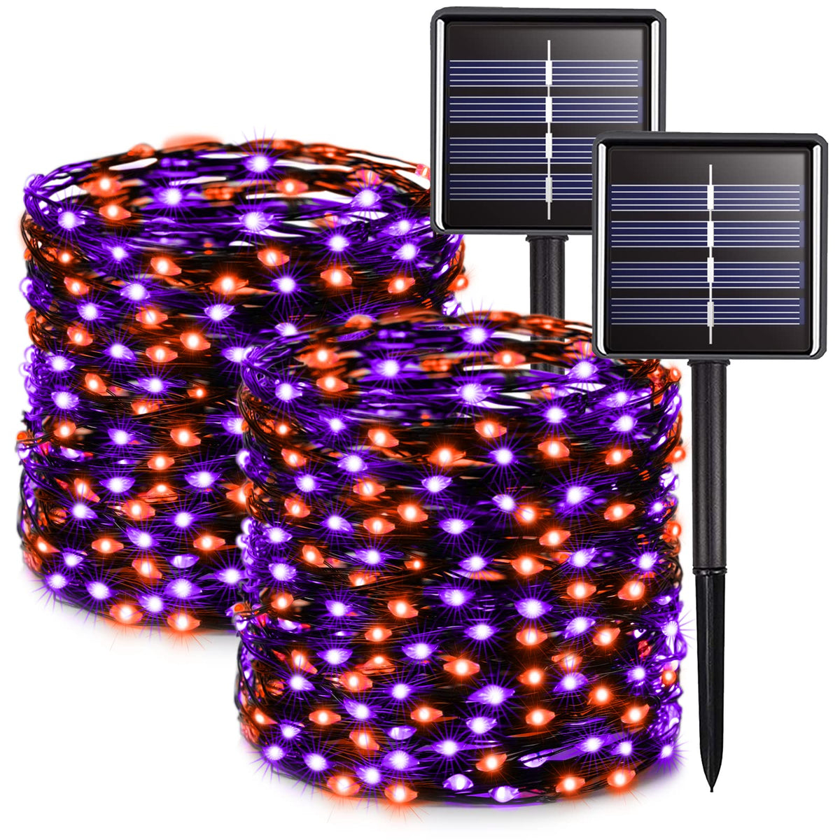 Jmexsuss 2 Pack Solar Halloween Lights Outdoor Waterproof, Total 66Ft 200 Led Orange And Purple Halloween Lights, 8 Mode Black W