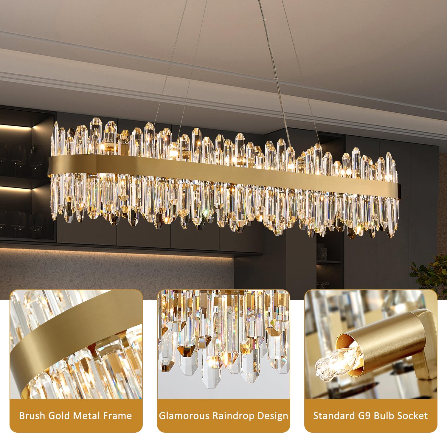 LIZZTREE Gold Crystal Chandelier, 24-Lights Modern Pendant Light, L45.3'' Rectangle, Ideal for Dining Room & Kitchen, Model LIZZ-8019-L1150GD